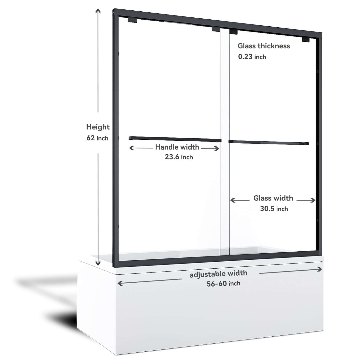 ELEGANT 60" x 62" Bathtub Double Sliding Doors for tub, With Clear Tempered Glass Size Chart