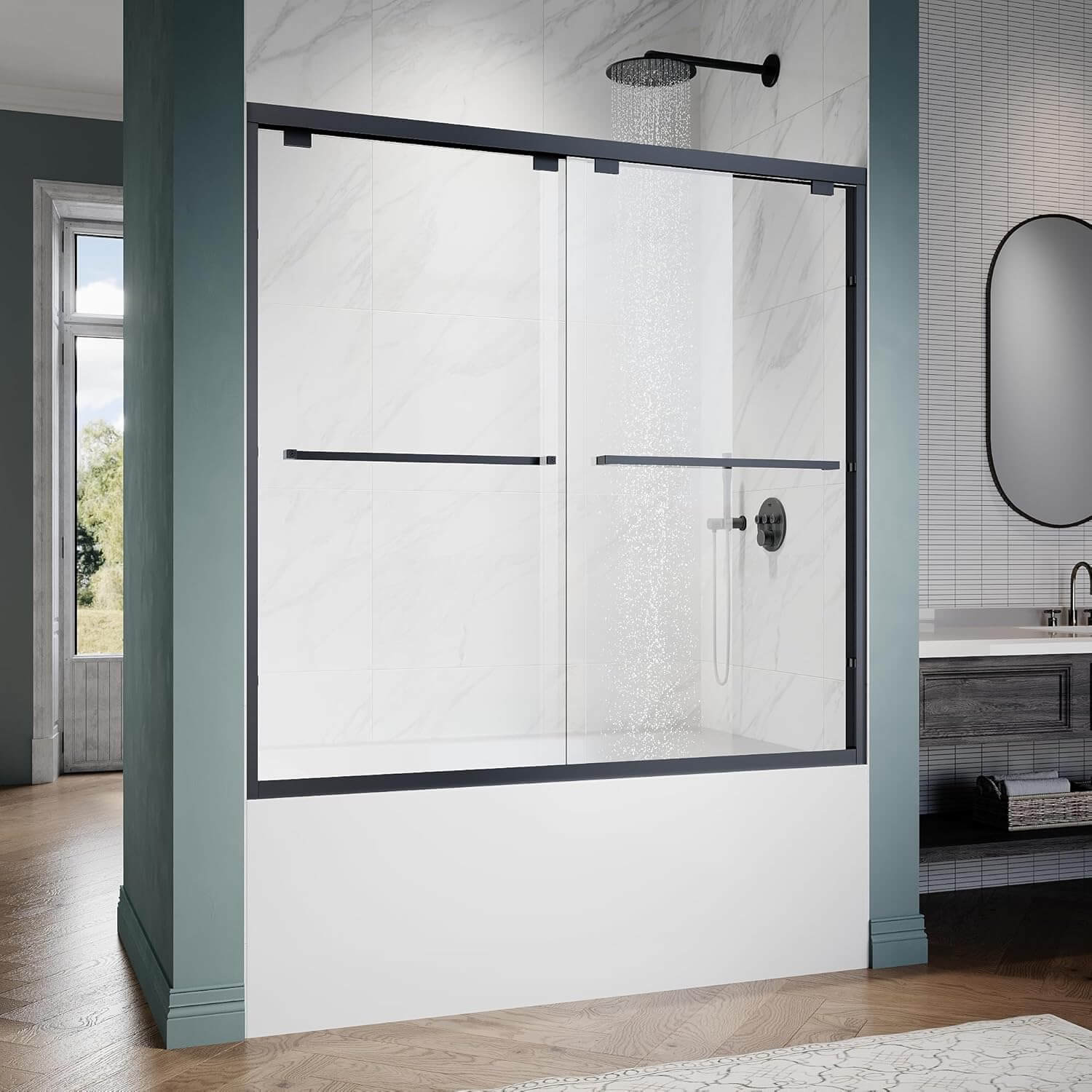 ELEGANT 1/4-inch Black Finish Bathtub Double Sliding Doors for tub, With Clear Tempered Glass