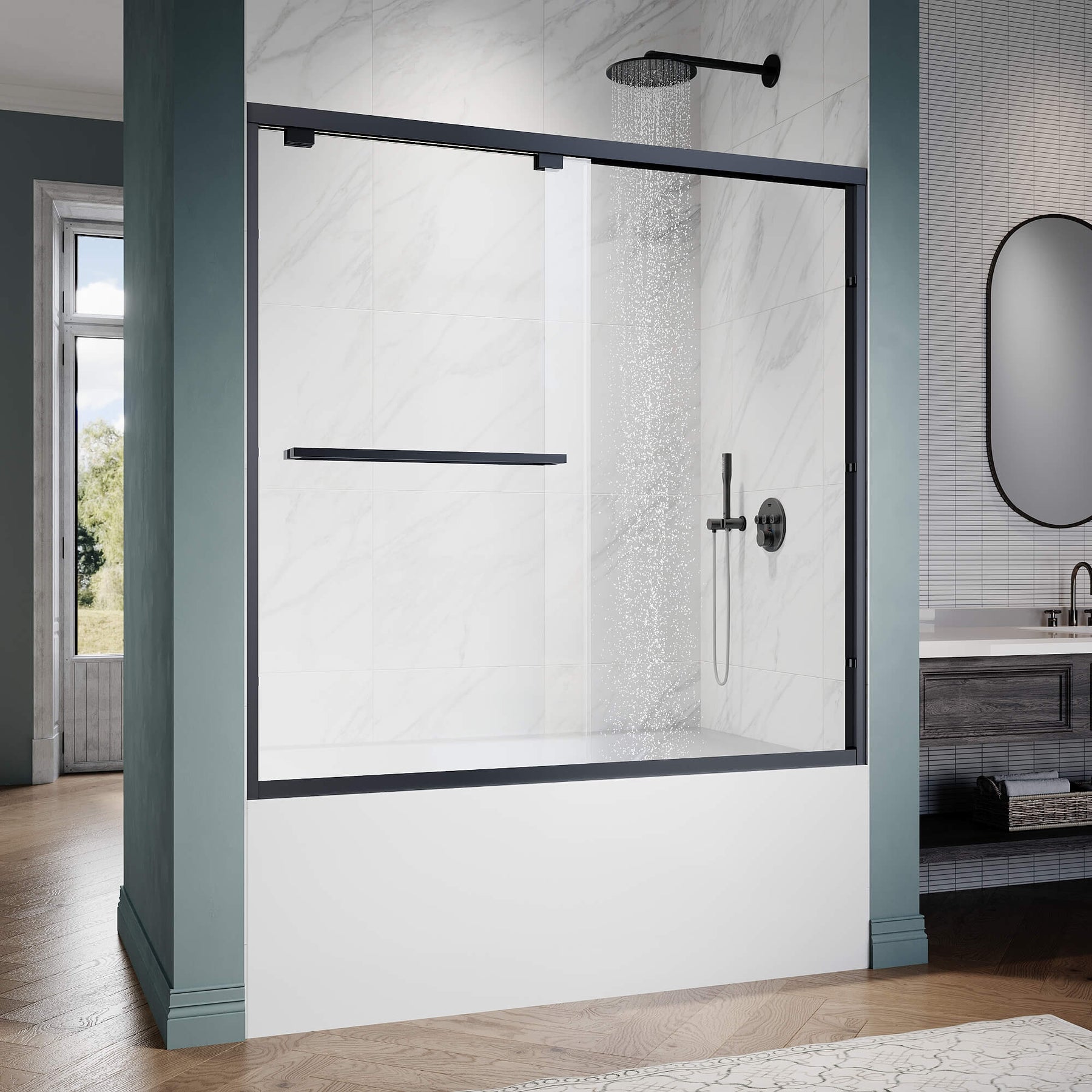 ELEGANT 1/4-inch Black Finish Bathtub Double Sliding Doors for tub, With Clear Tempered Glass