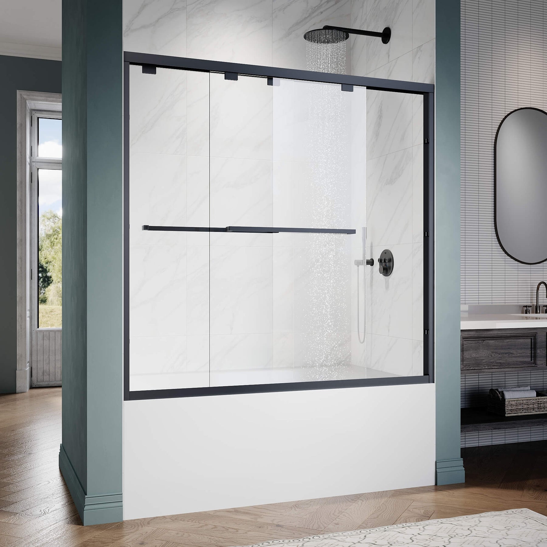 ELEGANT 1/4-inch Black Finish Bathtub Double Sliding Doors for tub, With Clear Tempered Glass