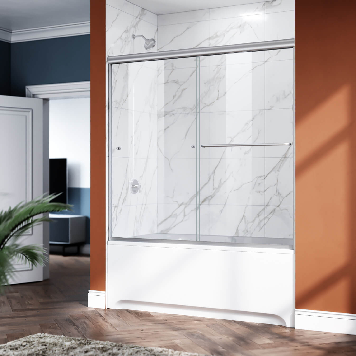 ELEGANT 1/4-inch Brushed Nickel Finish Bathtub Double Sliding Doors for tub, With Clear Tempered Glass