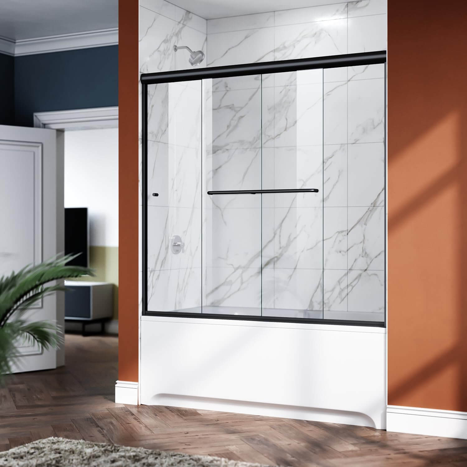 ELEGANT 1/4-inch Black Finish Bathtub Double Sliding Doors for tub, With Clear Tempered Glass