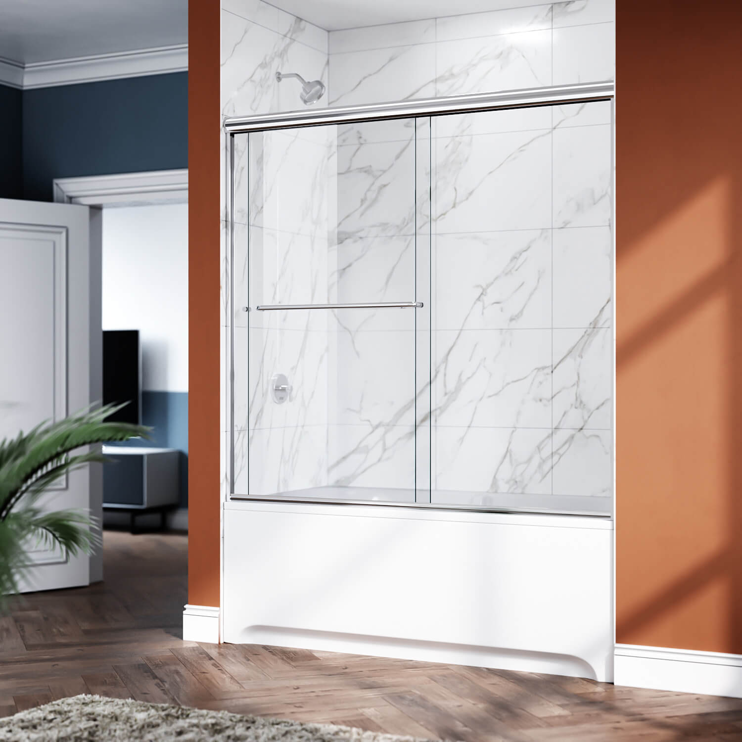 ELEGANT 1/4-inch Chrome Finish Bathtub Double Sliding Doors for tub, With Clear Tempered Glass