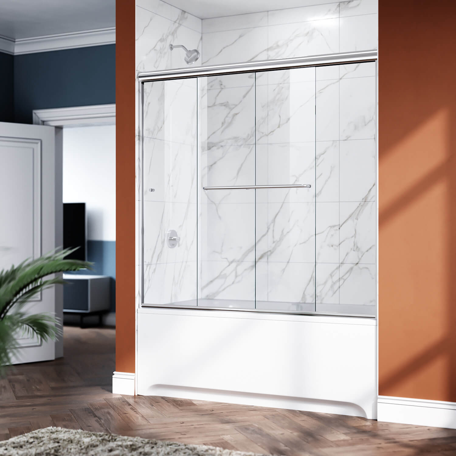 ELEGANT 1/4-inch Chrome Finish Bathtub Double Sliding Doors for tub, With Clear Tempered Glass