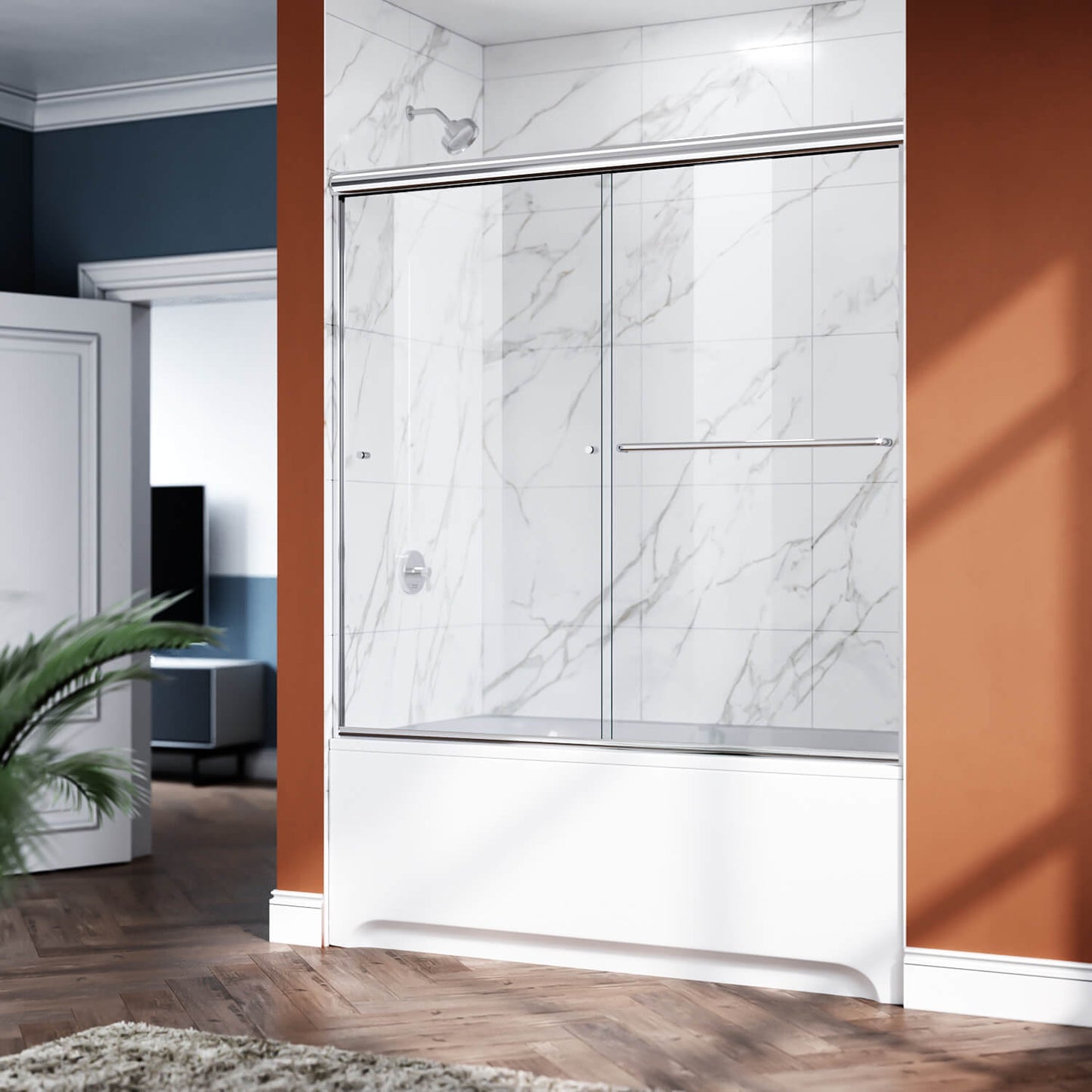 ELEGANT 1/4-inch Chrome Finish Bathtub Double Sliding Doors for tub, With Clear Tempered Glass