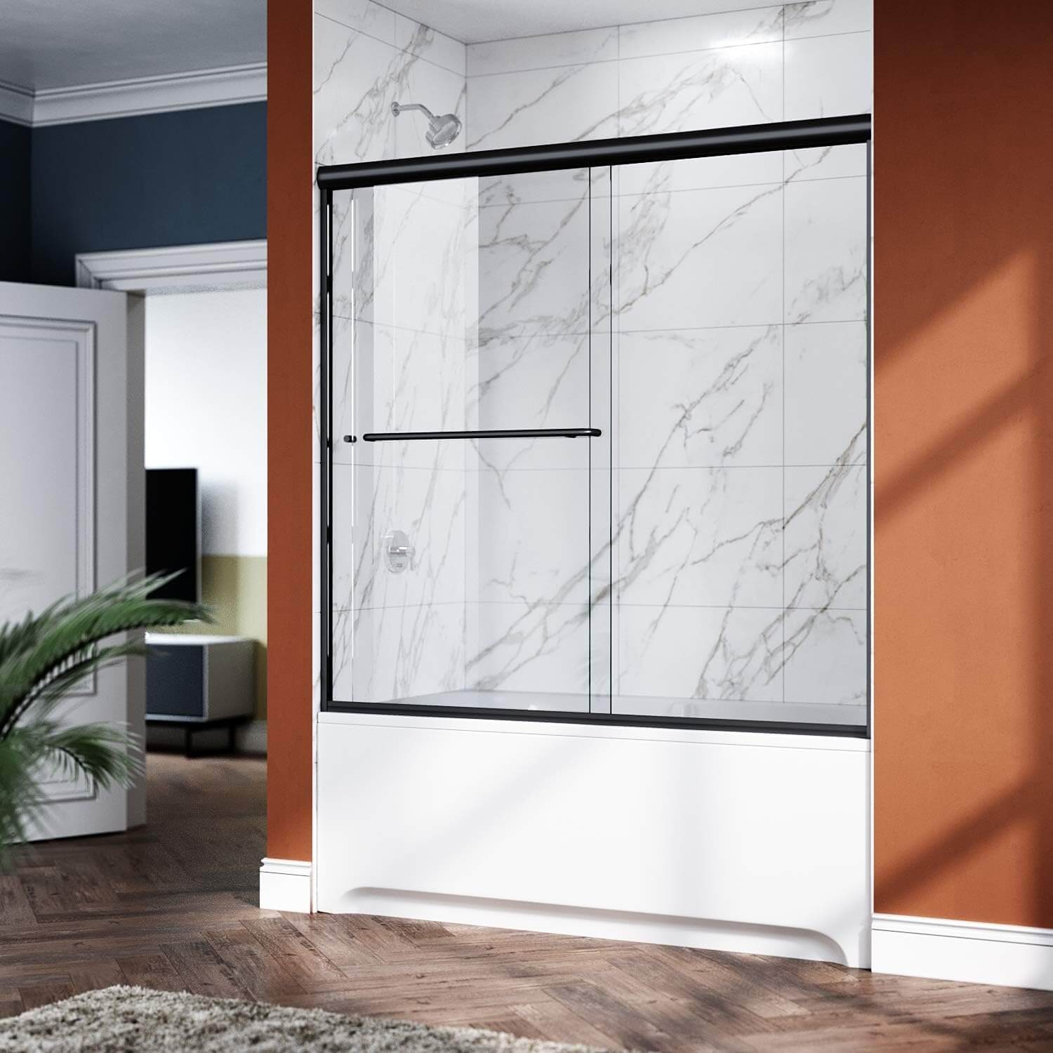 ELEGANT 1/4-inch Black Finish Bathtub Double Sliding Doors for tub, With Clear Tempered Glass
