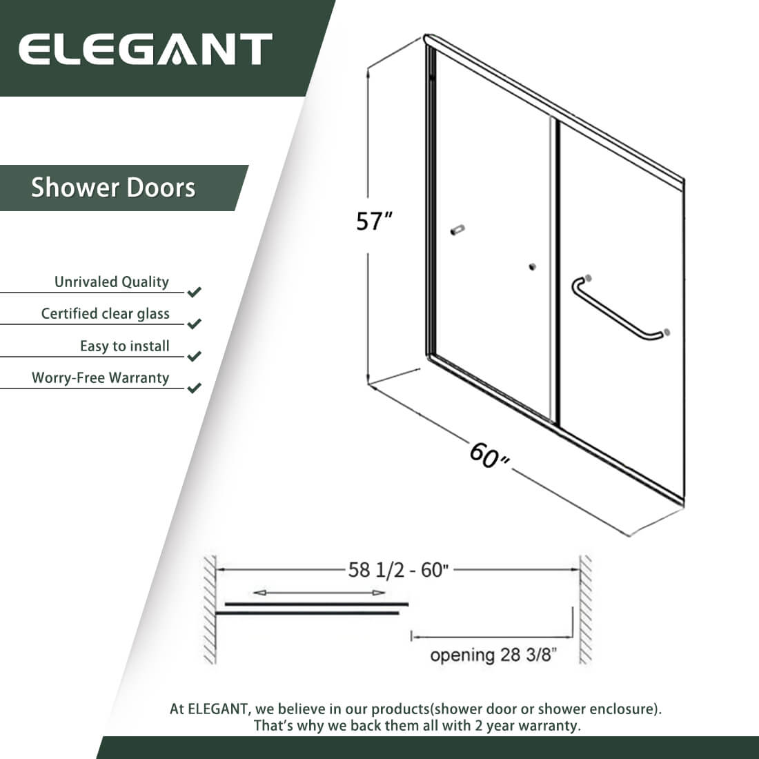 ELEGANT 60" x 57" Bathtub Double Sliding Doors for tub, With Clear Tempered Glass Size Chart