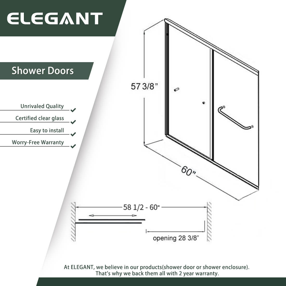 ELEGANT 60" x 57.4" Bathtub Double Sliding Doors for tub, With Clear Tempered Glass Size Chart