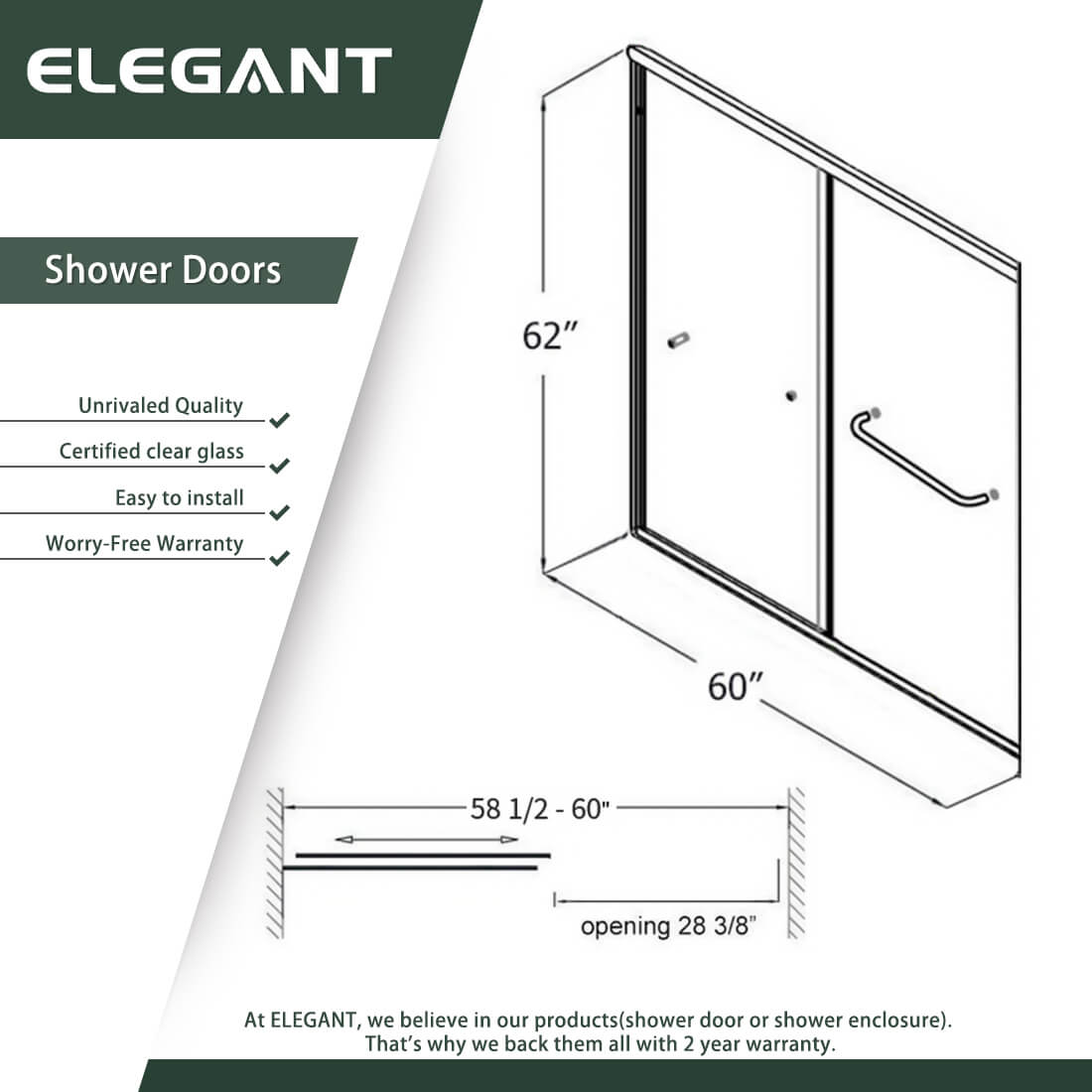 ELEGANT 60" x 62" Bathtub Double Sliding Doors for tub, With Clear Tempered Glass Size Chart