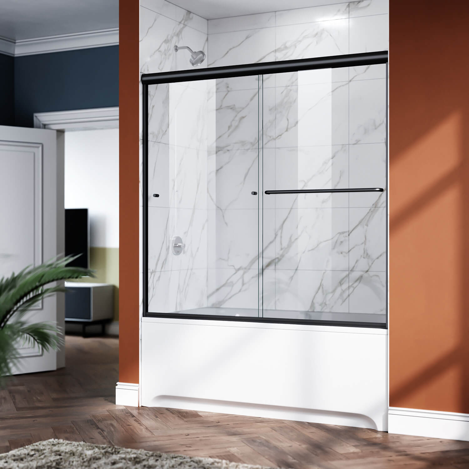 ELEGANT 1/4-inch Black Finish Bathtub Double Sliding Doors for tub, With Clear Tempered Glass
