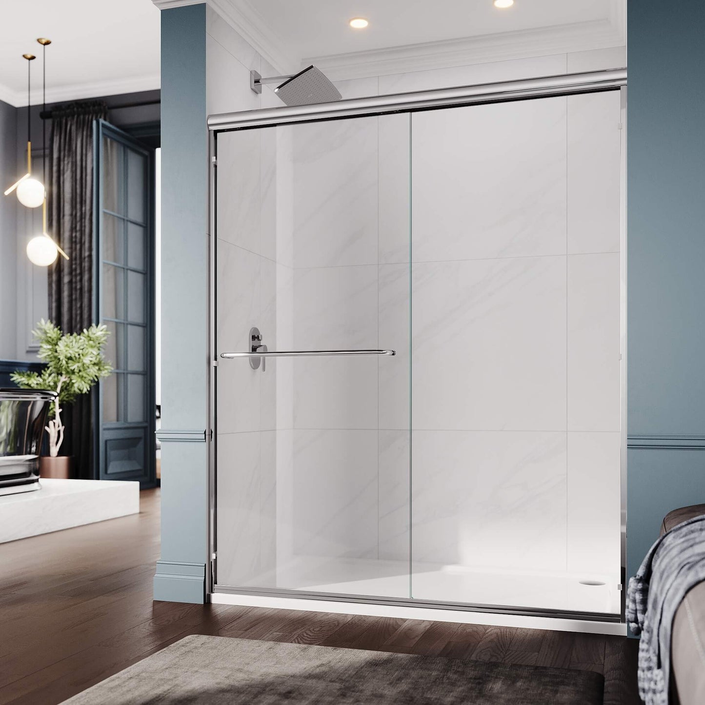 ELEGANT 1/4-inch Chrome Finish Double Sliding Shower Doors, With Clear Tempered Glass