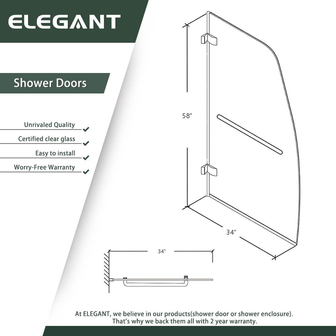 ELEGANT 34" x 58" Bathtub Hinged Shower Door for tub, With 5/16-inch Frameless Clear Tempered Glass Size Chart