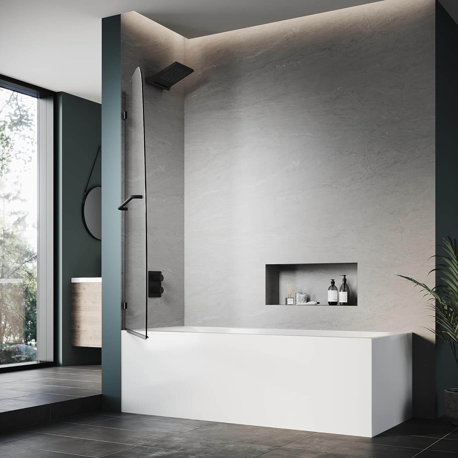 ELEGANT 34" x 58" Black Finish Bathtub Hinged Shower Door for tub, With 5/16-inch Frameless Clear Tempered Glass