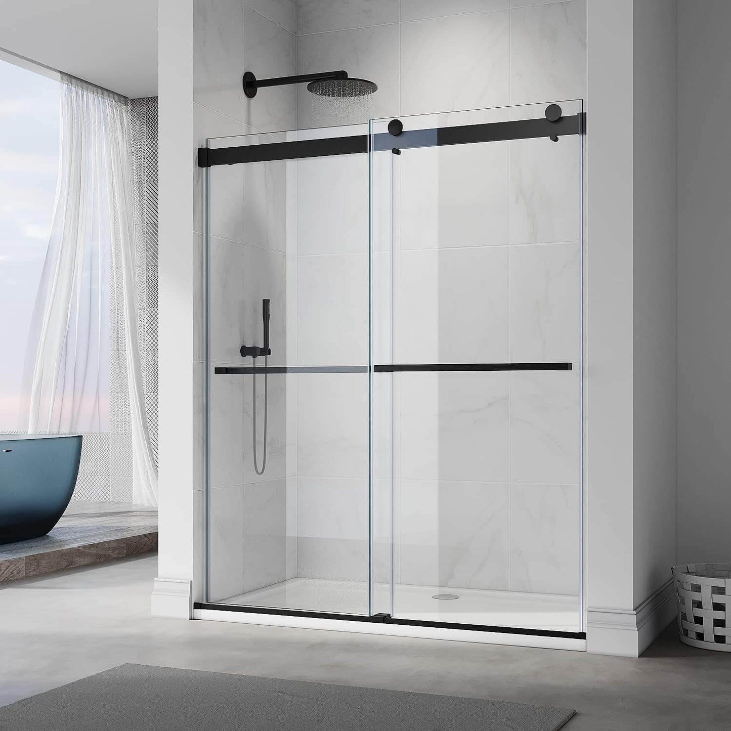 ELEGANT 3/8-inch Black Finish Double Sliding Shower Doors, With Frameless Clear Tempered Glass