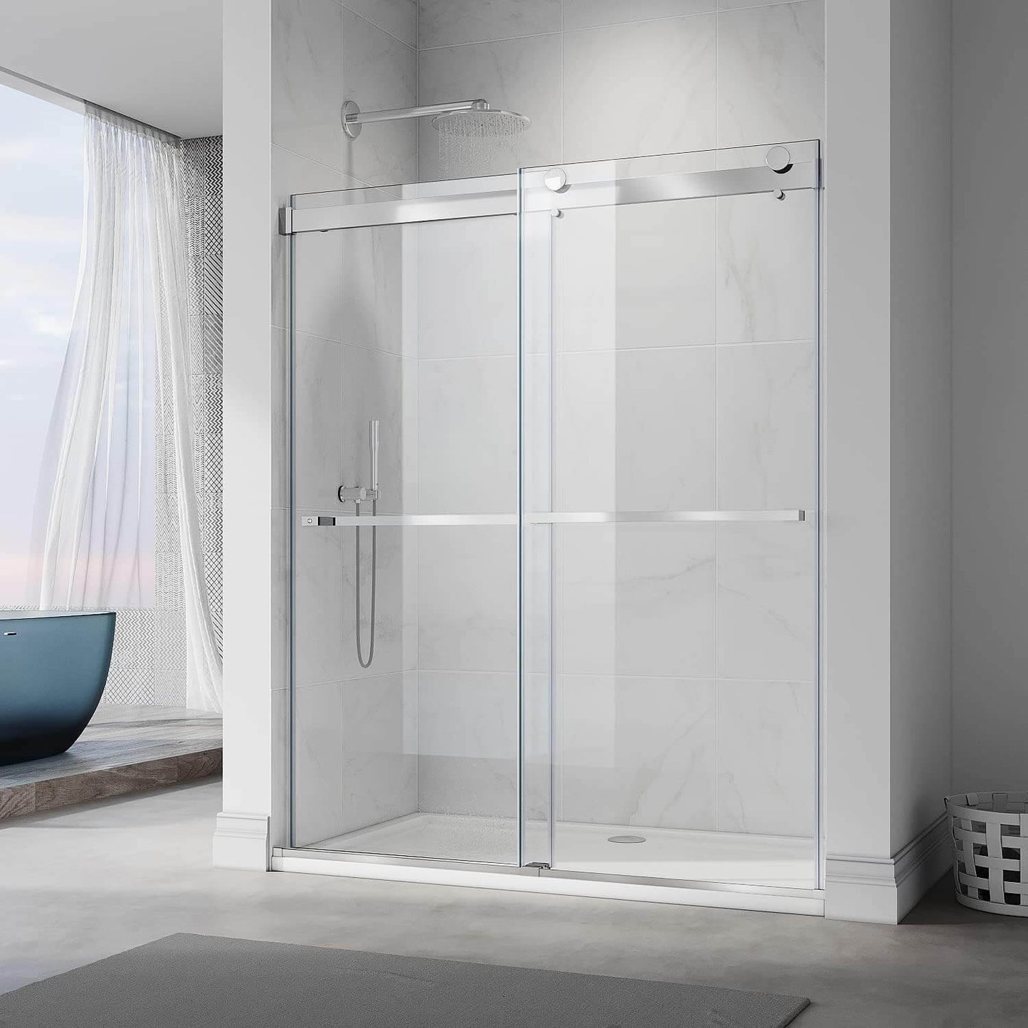 ELEGANT 3/8-inch Chrome Finish Double Sliding Shower Doors, With Frameless Clear Tempered Glass