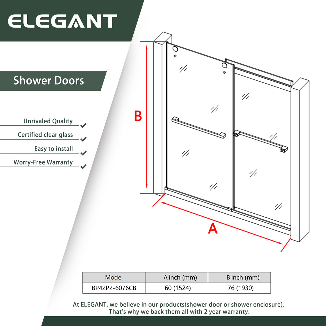 ELEGANT 60" x 76" Double Sliding Shower Doors, With Frameless Clear Tempered Glass Size Chart