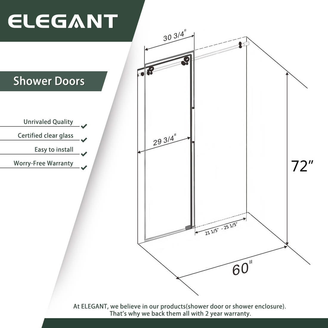 ELEGANT 60" x 72" Sliding Shower Doors, With Frameless Clear Tempered Glass Size Chart