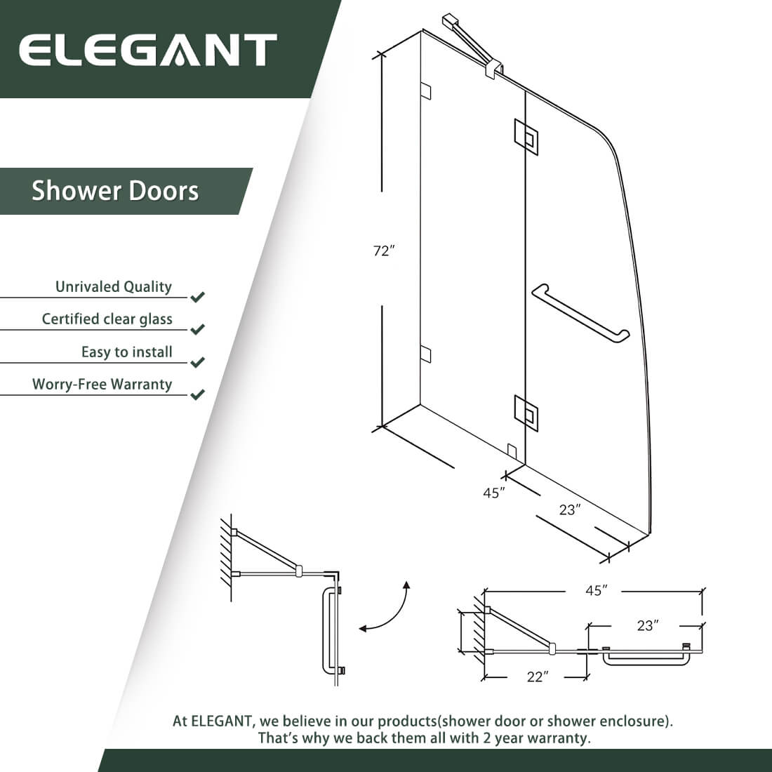 ELEGANT 45" x 72" Hinged Shower Door, With 1/4-inch Frameless Clear Tempered Glass Size Chart