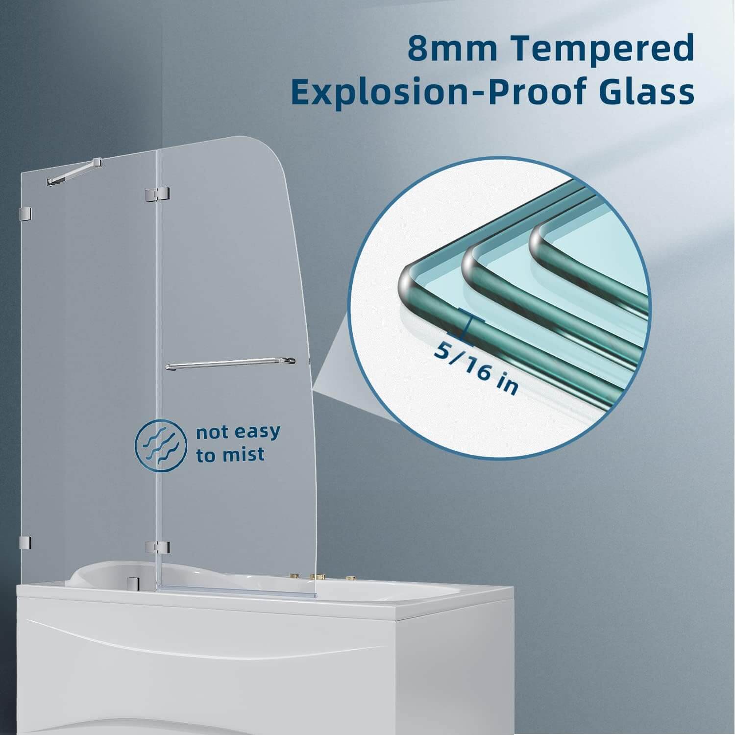 Safety from Shattering: ANSI-certified 5/16" (8 mm) thick clear glass holds a strong impact and isn't easy to break, making your bathroom safer