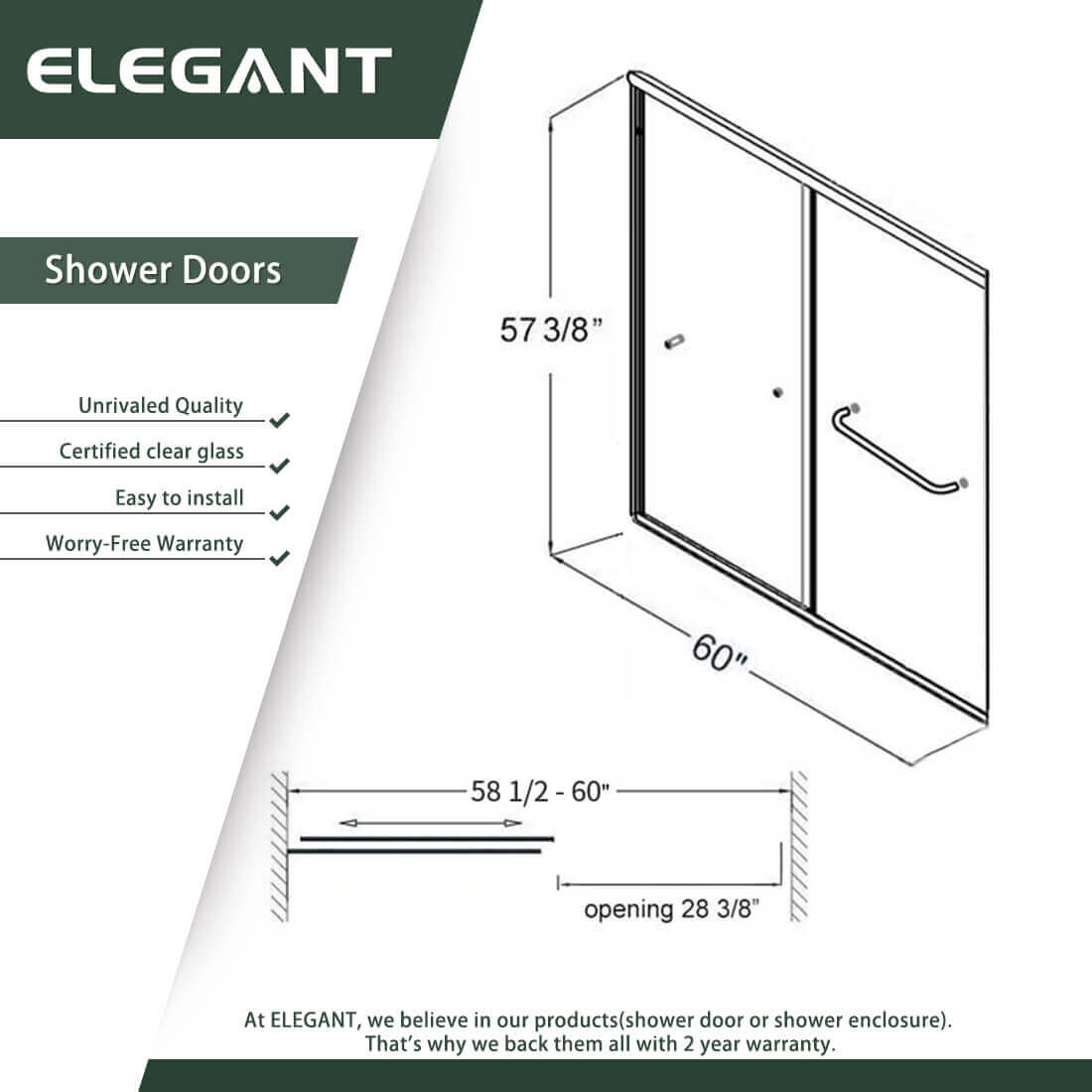 ELEGANT 60" x 57.4" Bathtub Double Sliding Shower Door for tub, With 1/4-inch Frosted Tempered Glass Size Chart
