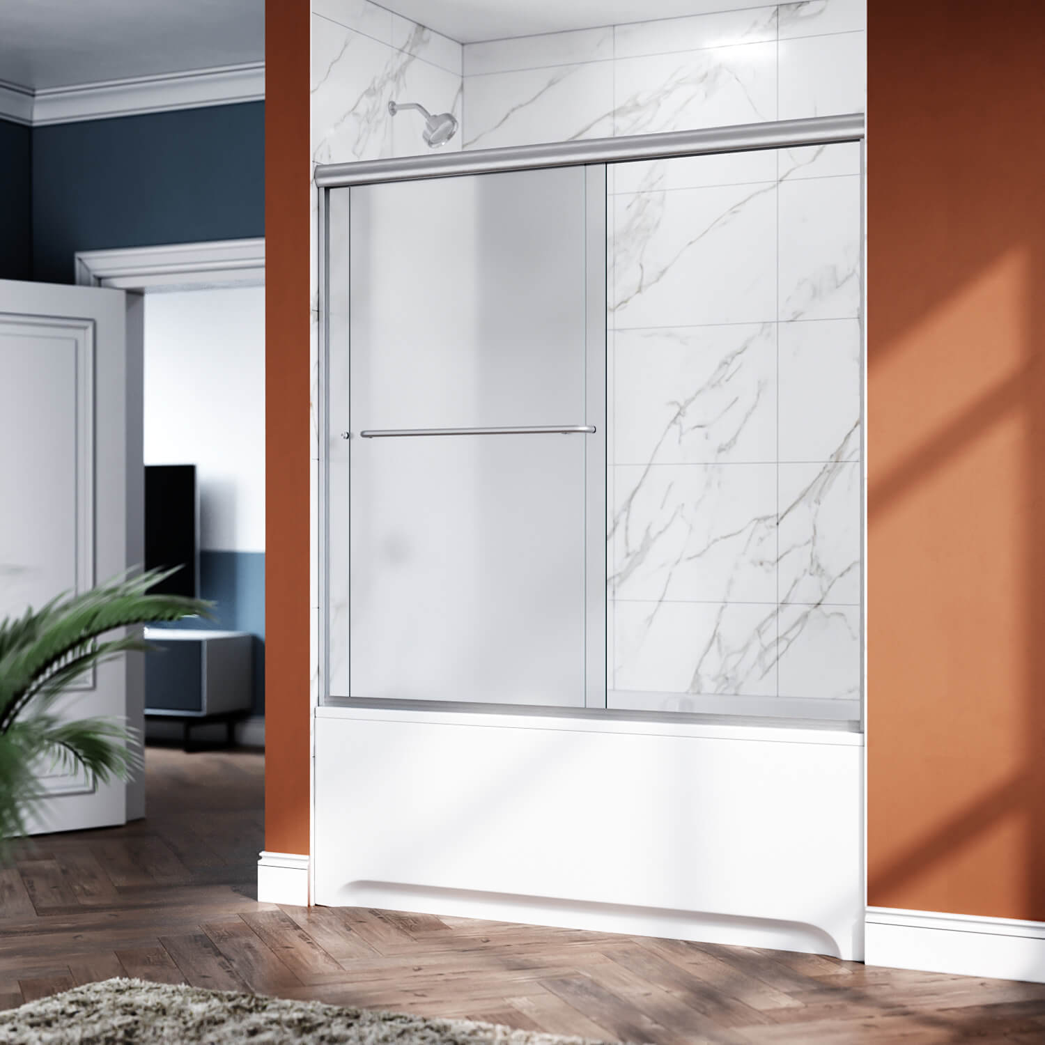 ELEGANT 60" x 57.4" Brushed Nickel Finish Bathtub Double Sliding Shower Door for tub, With 1/4-inch Frosted Tempered Glass