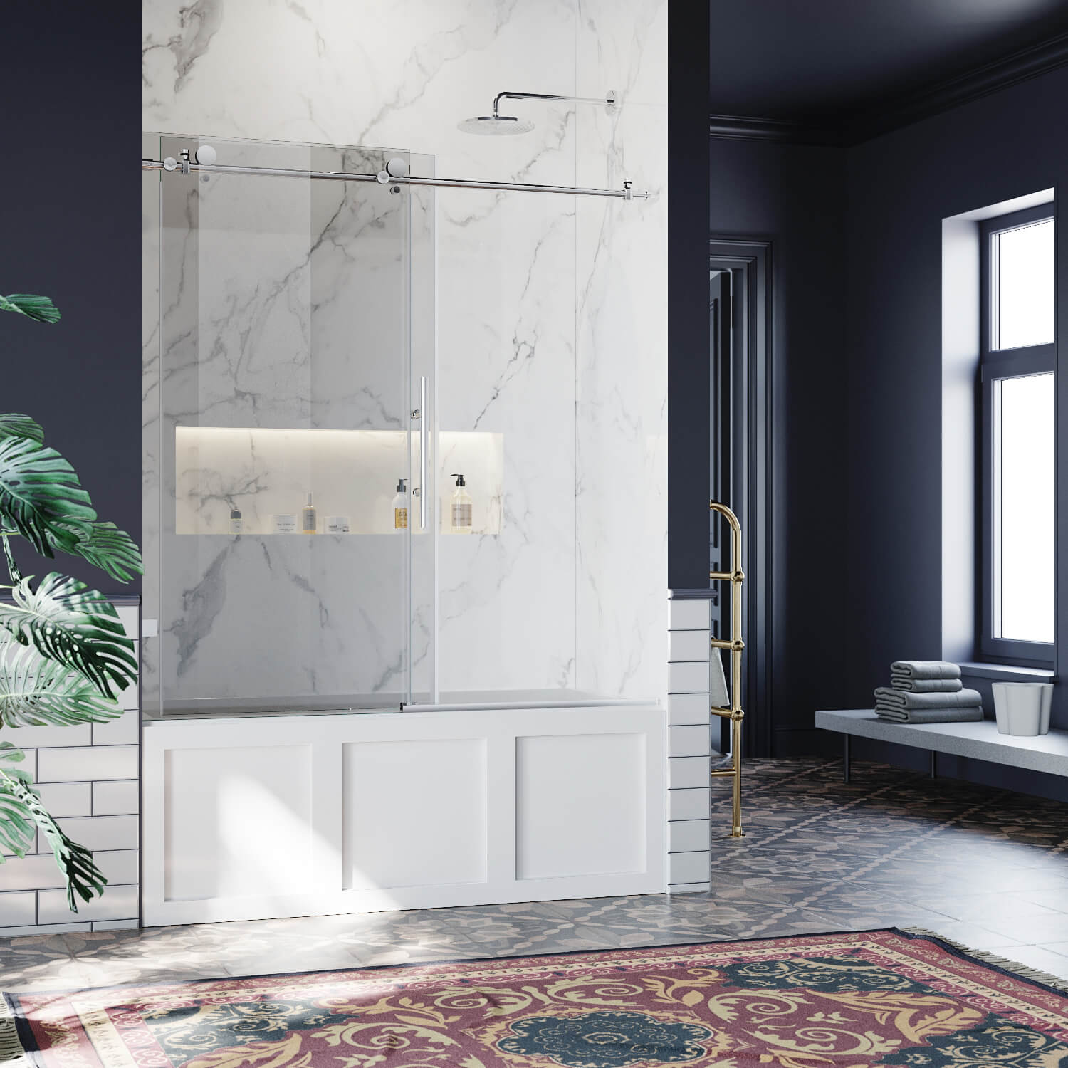 ELEGANT 60" x 62" Chrome Finish Bathtub Sliding Shower Door for tub, With 3/8-inch Frameless Clear Tempered Glass