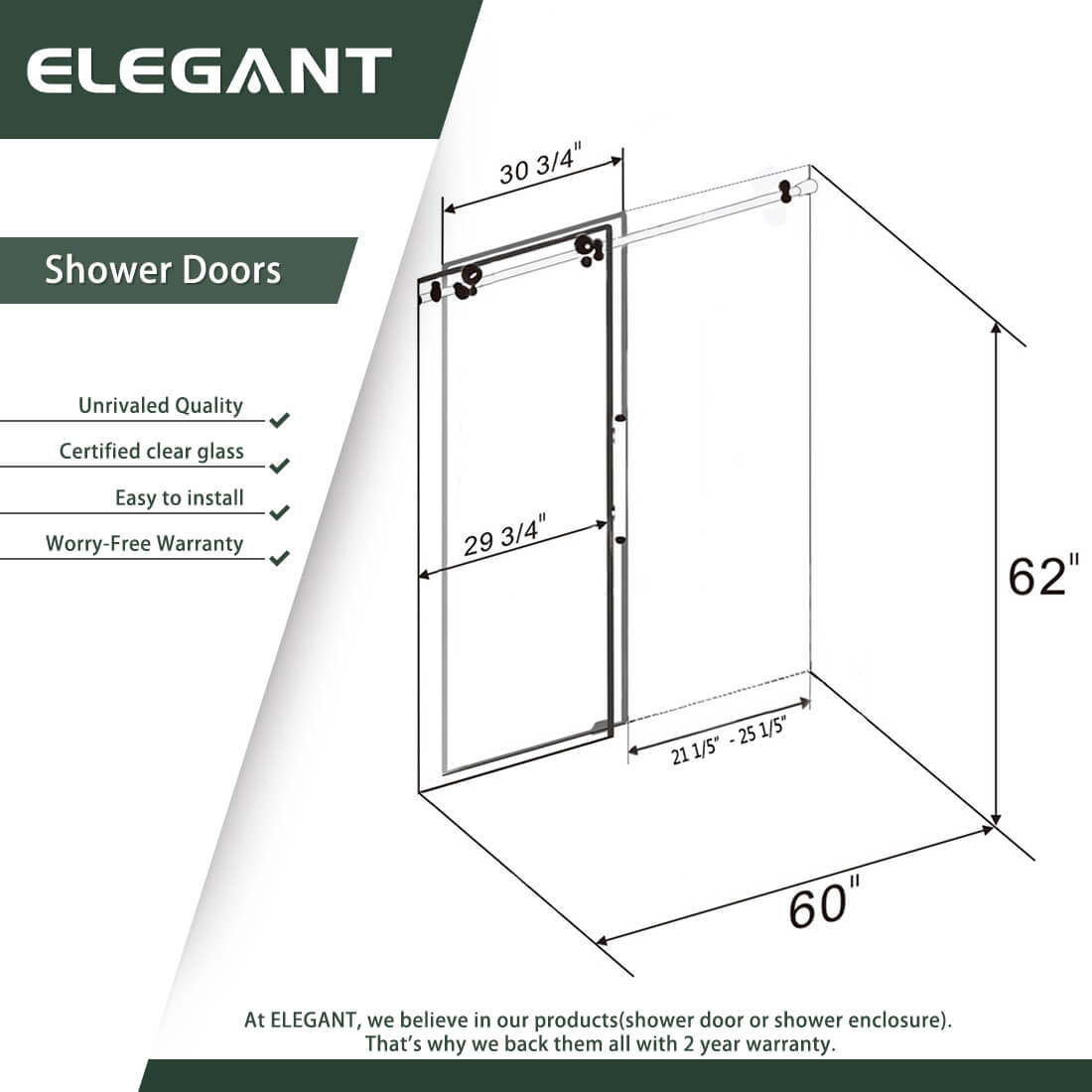 ELEGANT 60" x 62" Bathtub Sliding Shower Door for tub, With 3/8-inch Frameless Clear Tempered Glass Size Chart
