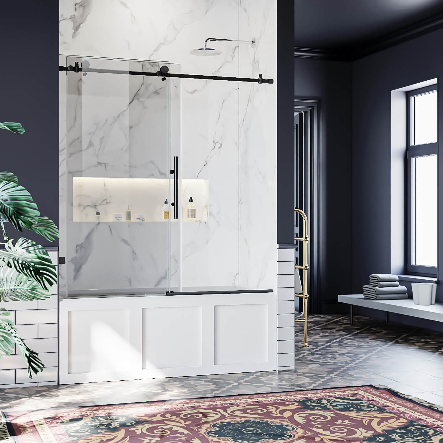 ELEGANT 60" x 62" Black Finish Bathtub Sliding Shower Door for tub, With 3/8-inch Frameless Clear Tempered Glass