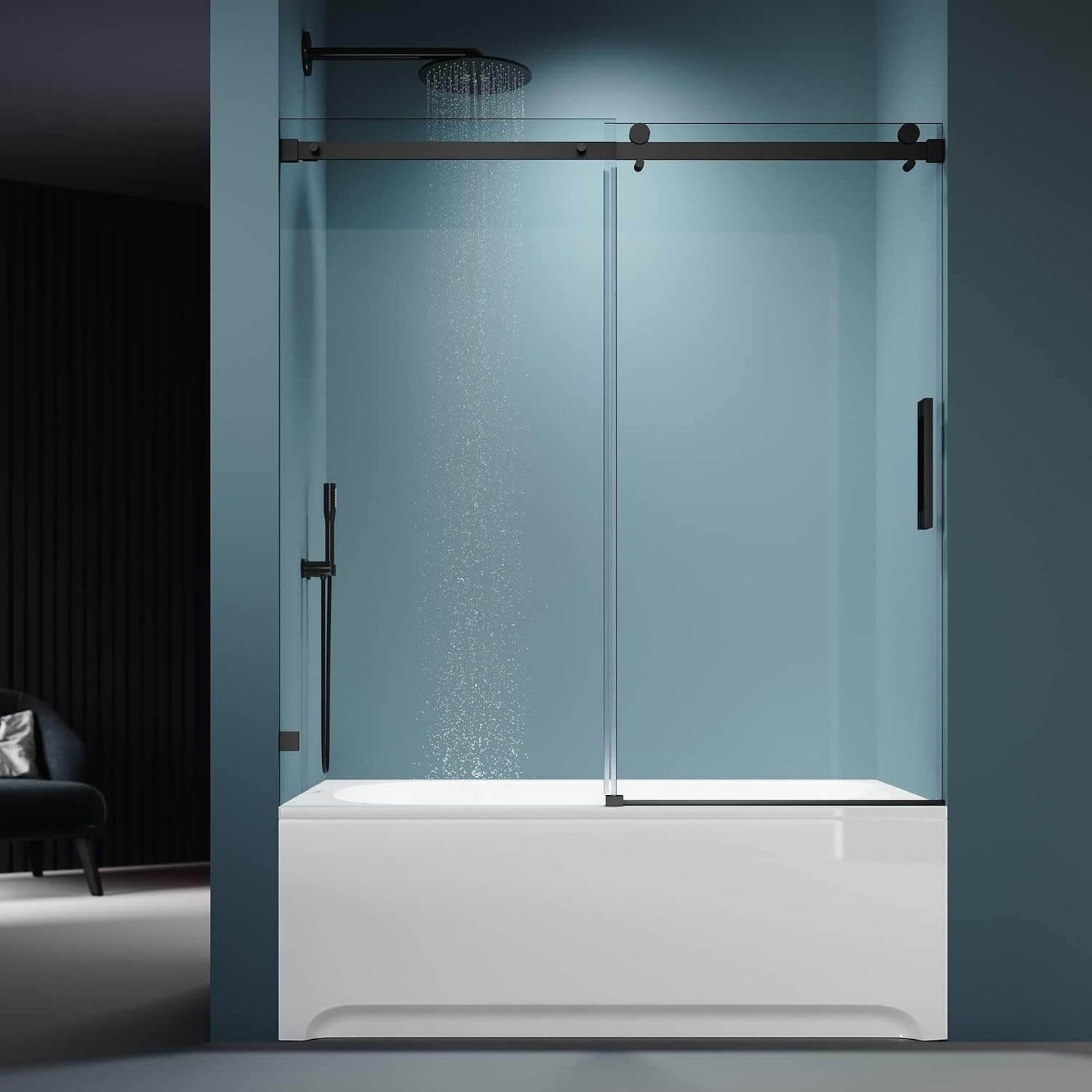 ELEGANT 60" x 62" Black Finish Bathtub Sliding Shower Door for tub, With 5/16-inch Frameless Clear Tempered Glass