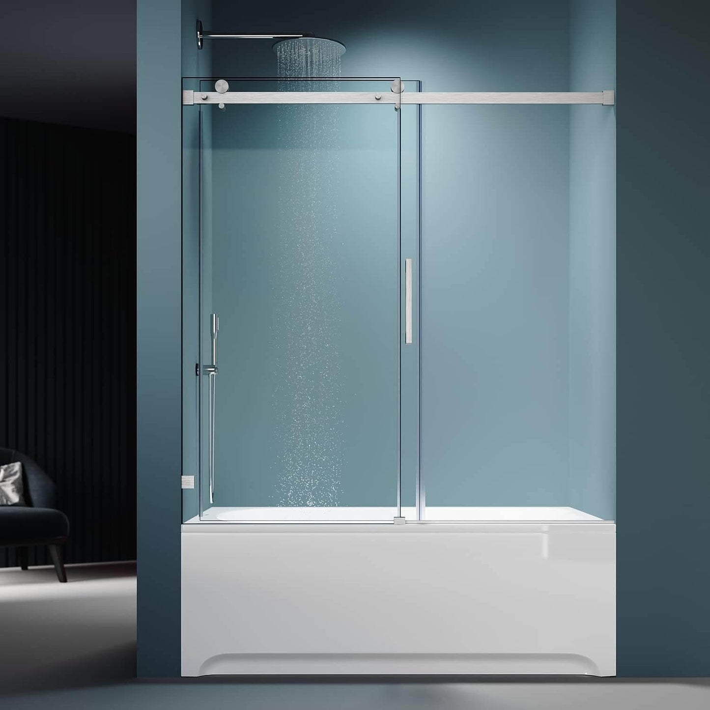 ELEGANT 60" x 62" Brushed Nickel Finish Bathtub Sliding Shower Door for tub, With 5/16-inch Frameless Clear Tempered Glass