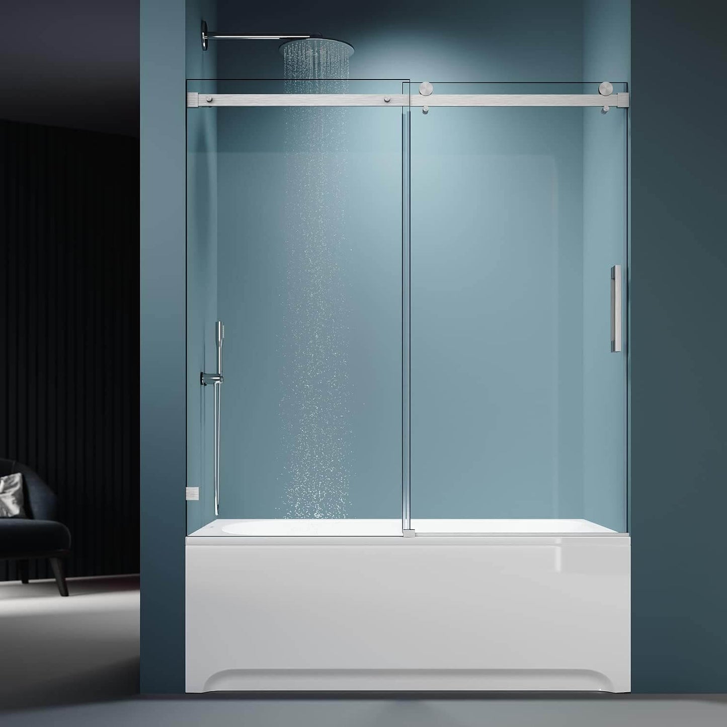 ELEGANT 60" x 62" Brushed Nickel Finish Bathtub Sliding Shower Door for tub, With 5/16-inch Frameless Clear Tempered Glass