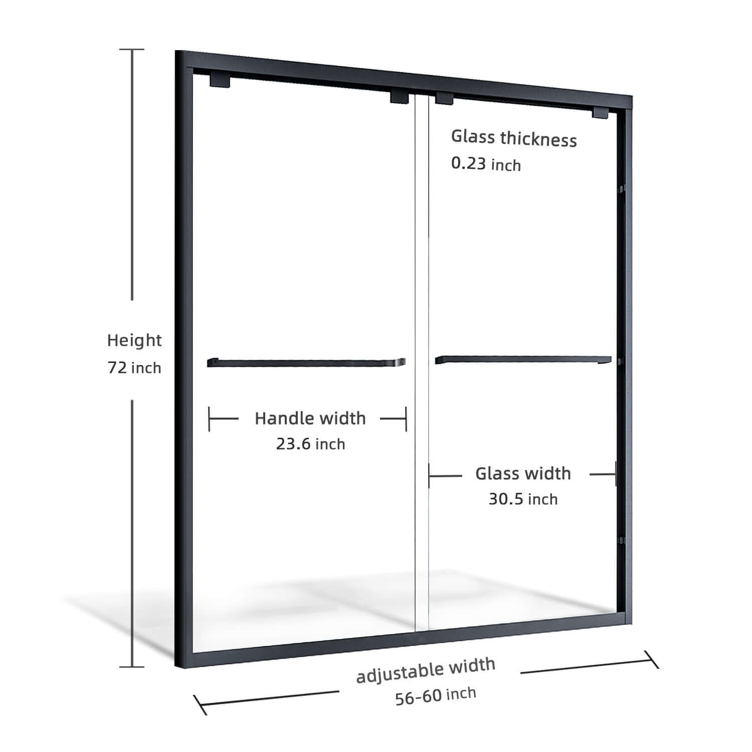 ELEGANT 60" x 72" Black Finish Double Sliding Shower Doors, With 1/4-inch Clear Tempered Glass Size Chart