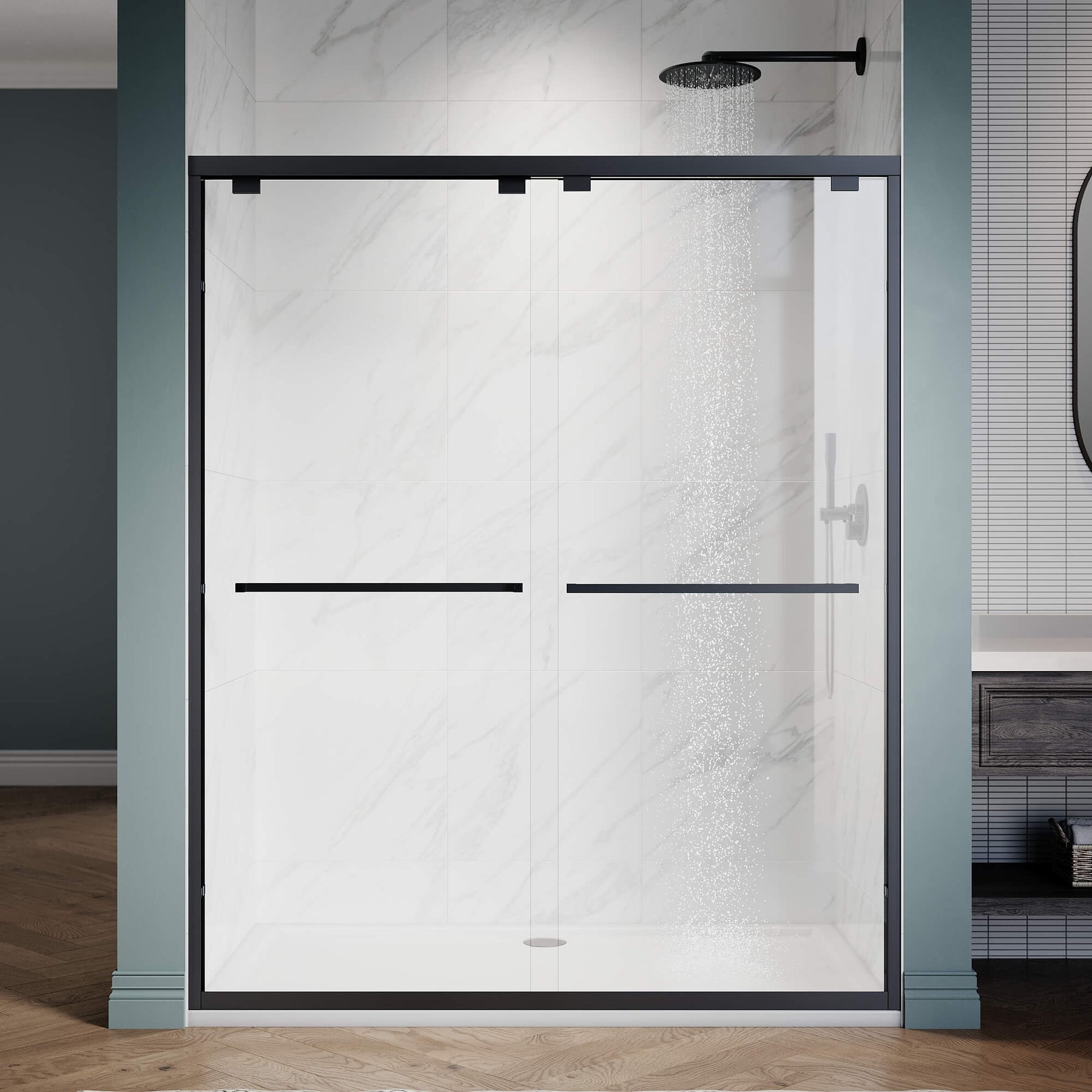 ELEGANT 60" x 72" Black Finish Double Sliding Shower Doors, With 1/4-inch Clear Tempered Glass