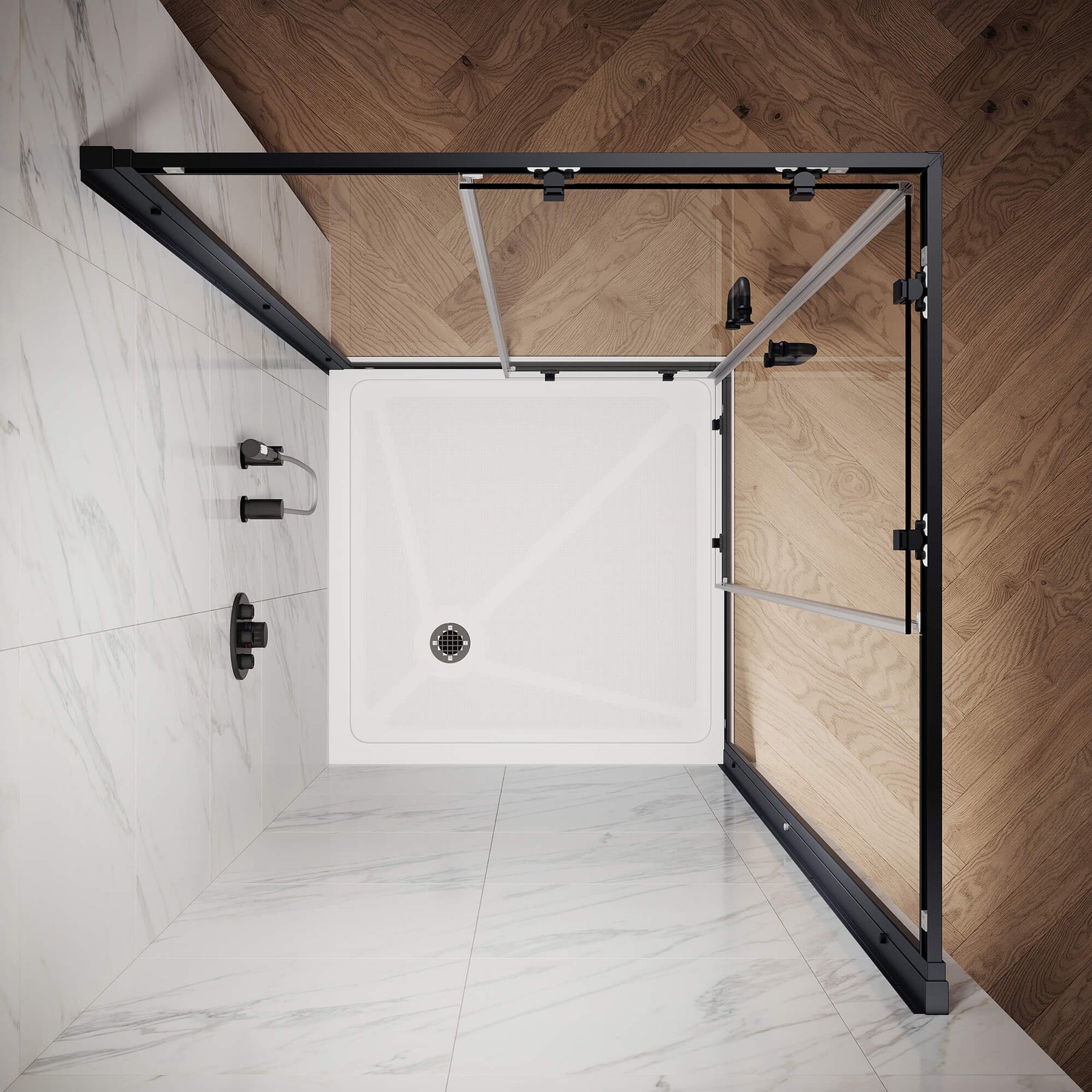 ELEGANT Black Finish Corner Square Shower Enclosure with 1/4 in. Clear Tempered Glass Double Sliding Shower Doors Overhead View