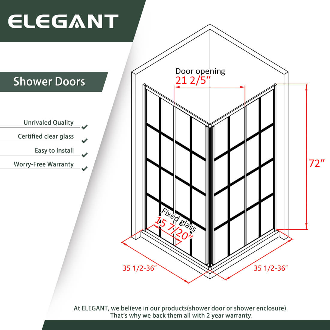 ELEGANT 36 in. W x 36 in. D x 72 in. H Corner Double Sliding Square Shower Enclosure Size Chart
