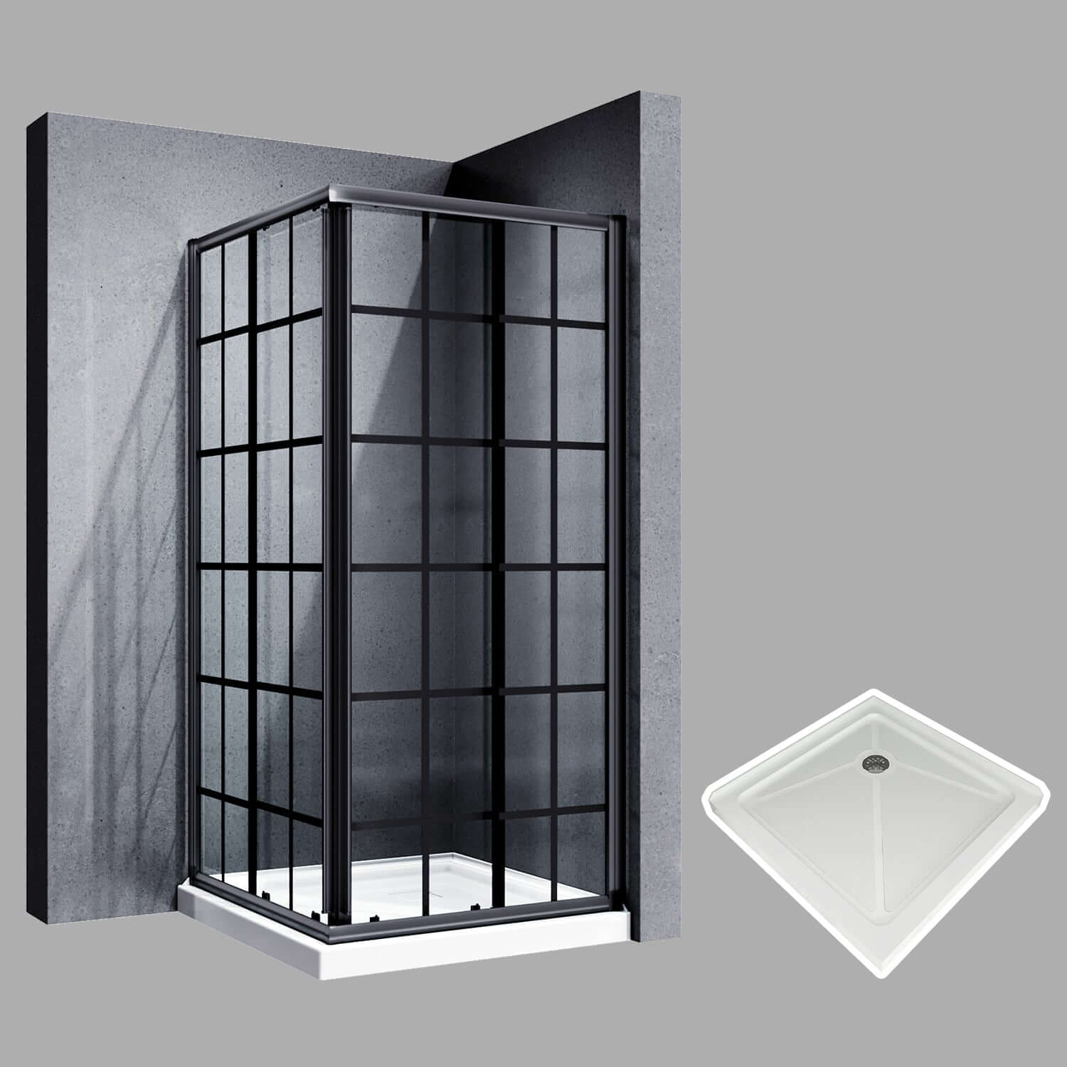 ELEGANT Black Brushed Nickel Corner Square Shower Enclosure with 1/4 in. Clear Tempered Glass Double Sliding Shower Doors And White Square Base