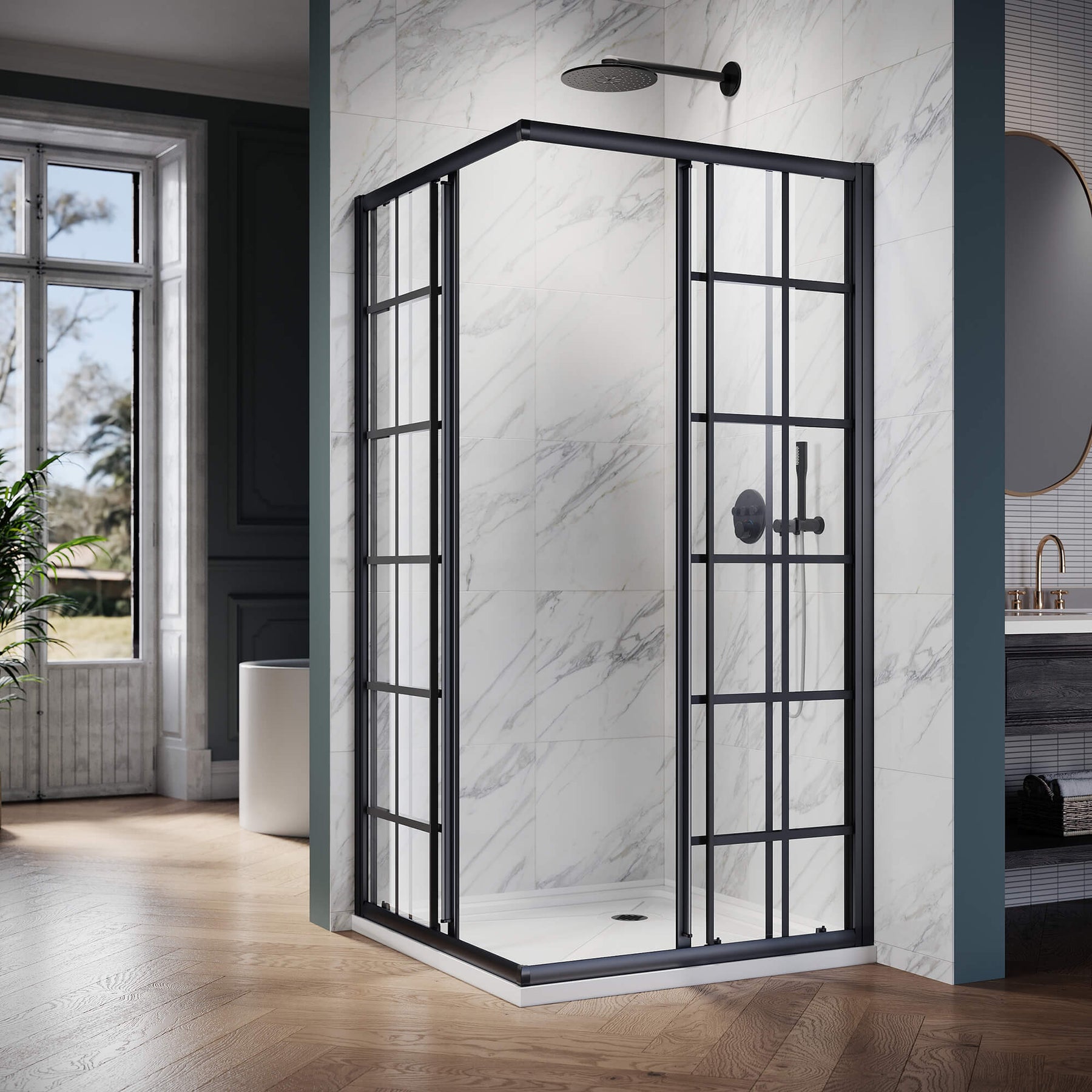 ELEGANT Black Brushed Nickel Corner Square Shower Enclosure with 1/4 in. Clear Tempered Glass Double Sliding Shower Doors