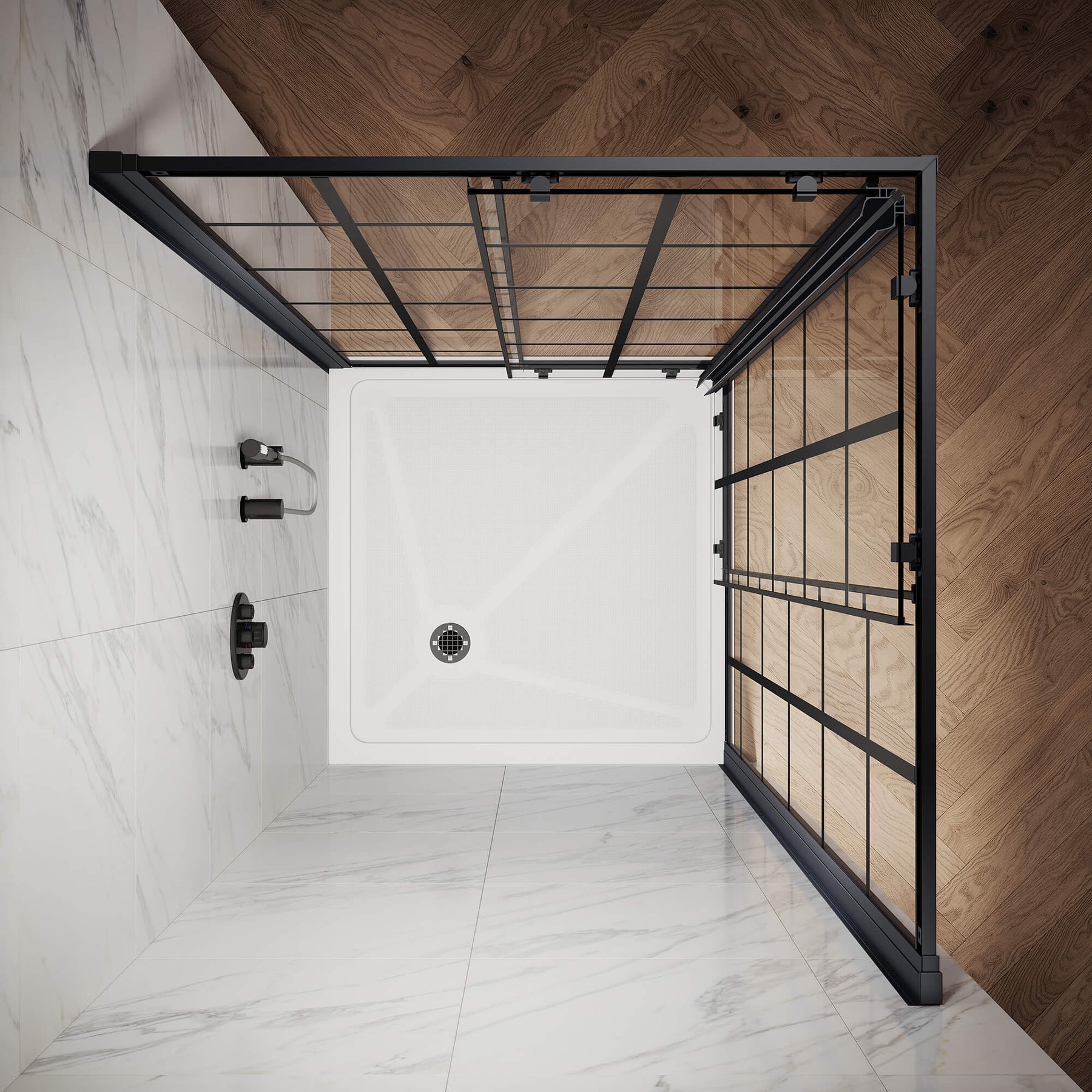 ELEGANT Black Brushed Nickel Corner Square Shower Enclosure with 1/4 in. Clear Tempered Glass Double Sliding Shower Doors Overhead View