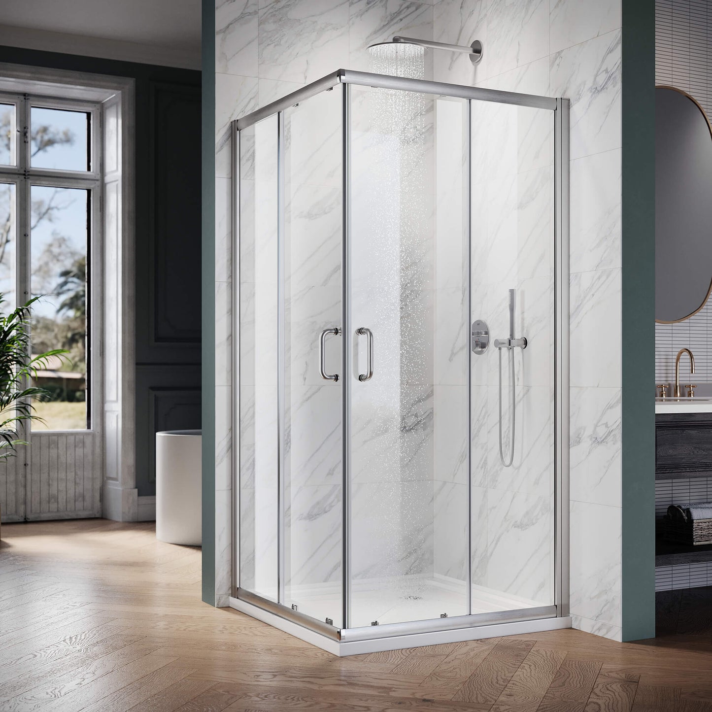 ELEGANT Brushed Nickel Finish Corner Square Shower Enclosure with 1/4 in. Clear Tempered Glass Double Sliding Shower Doors