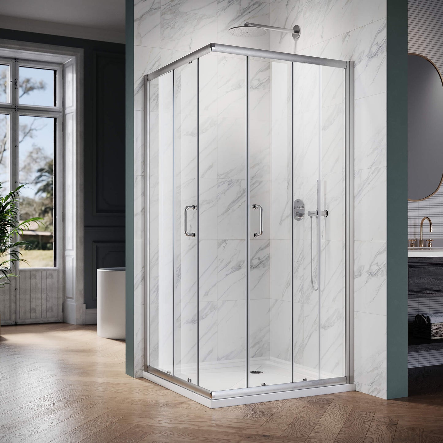 ELEGANT Brushed Nickel Finish Corner Square Shower Enclosure with 1/4 in. Clear Tempered Glass Double Sliding Shower Doors