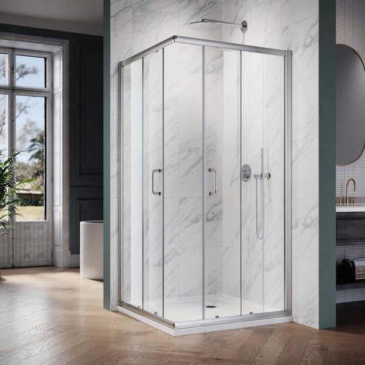 ELEGANT Brushed Nickel Finish Corner Square Shower Enclosure with 1/4 in. Clear Tempered Glass Double Sliding Shower Doors