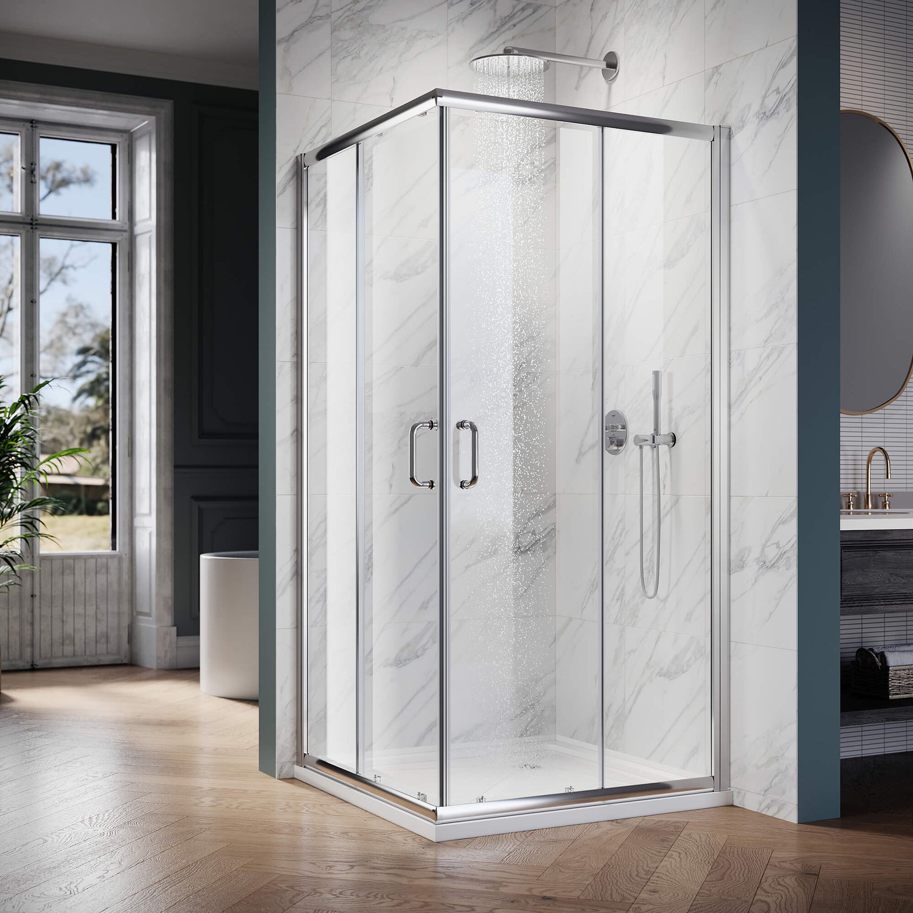 ELEGANT Chrome Finish Corner Square Shower Enclosure with 1/4 in. Clear Tempered Glass Double Sliding Shower Doors