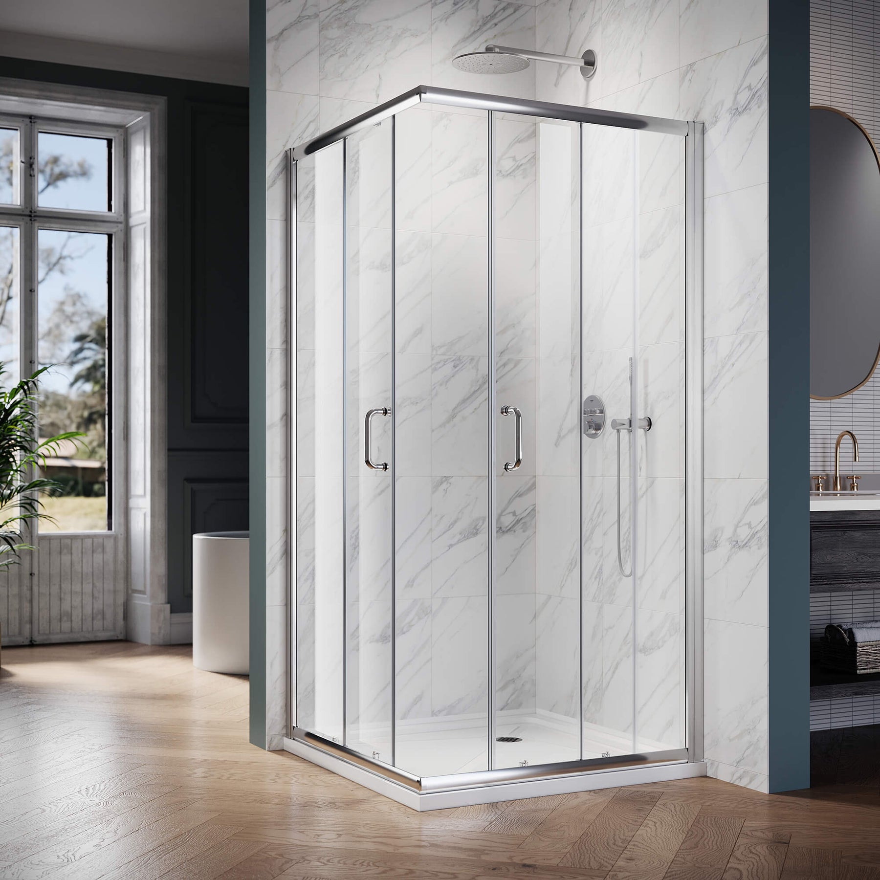 ELEGANT Chrome Finish Corner Square Shower Enclosure with 1/4 in. Clear Tempered Glass Double Sliding Shower Doors