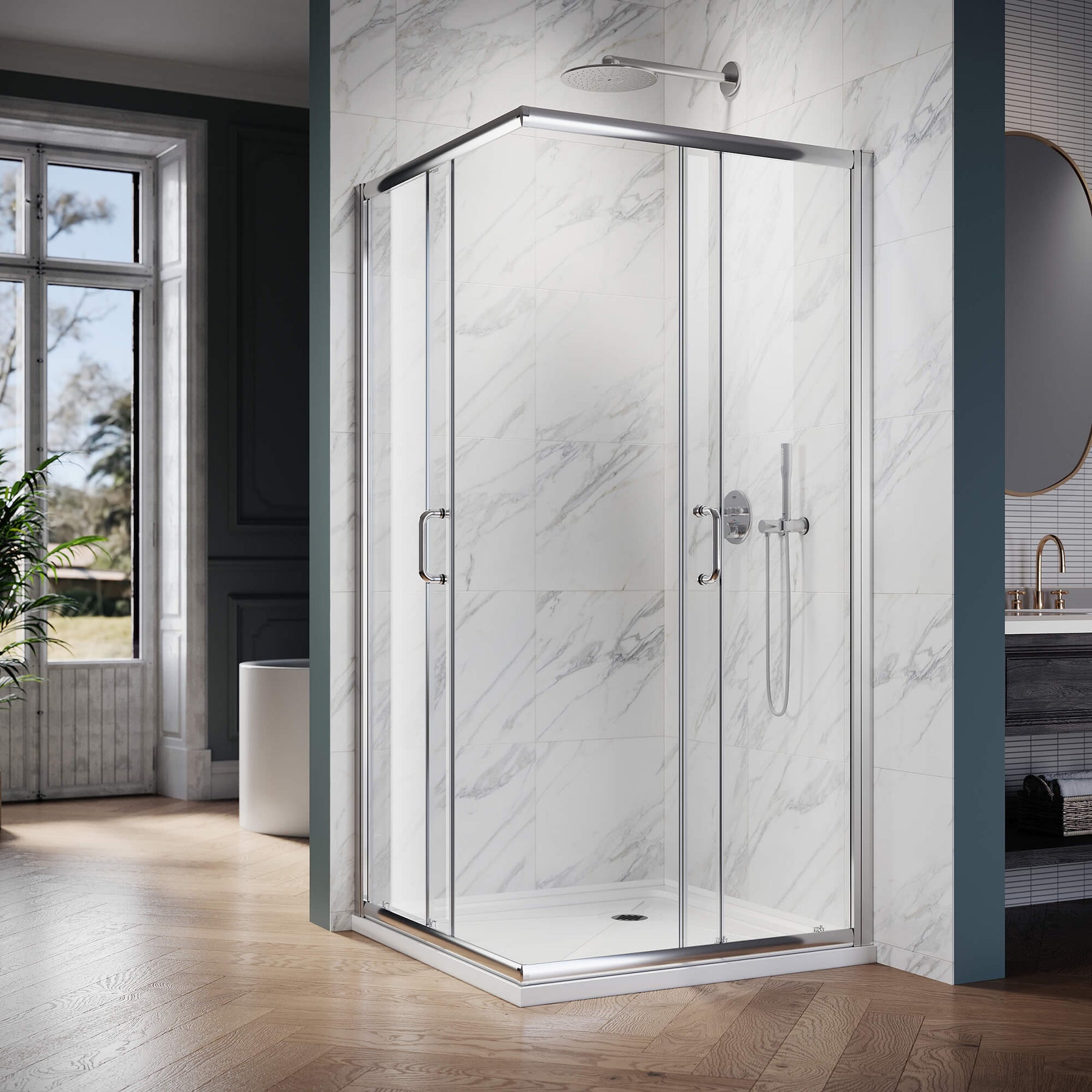 ELEGANT Chrome Finish Corner Square Shower Enclosure with 1/4 in. Clear Tempered Glass Double Sliding Shower Doors