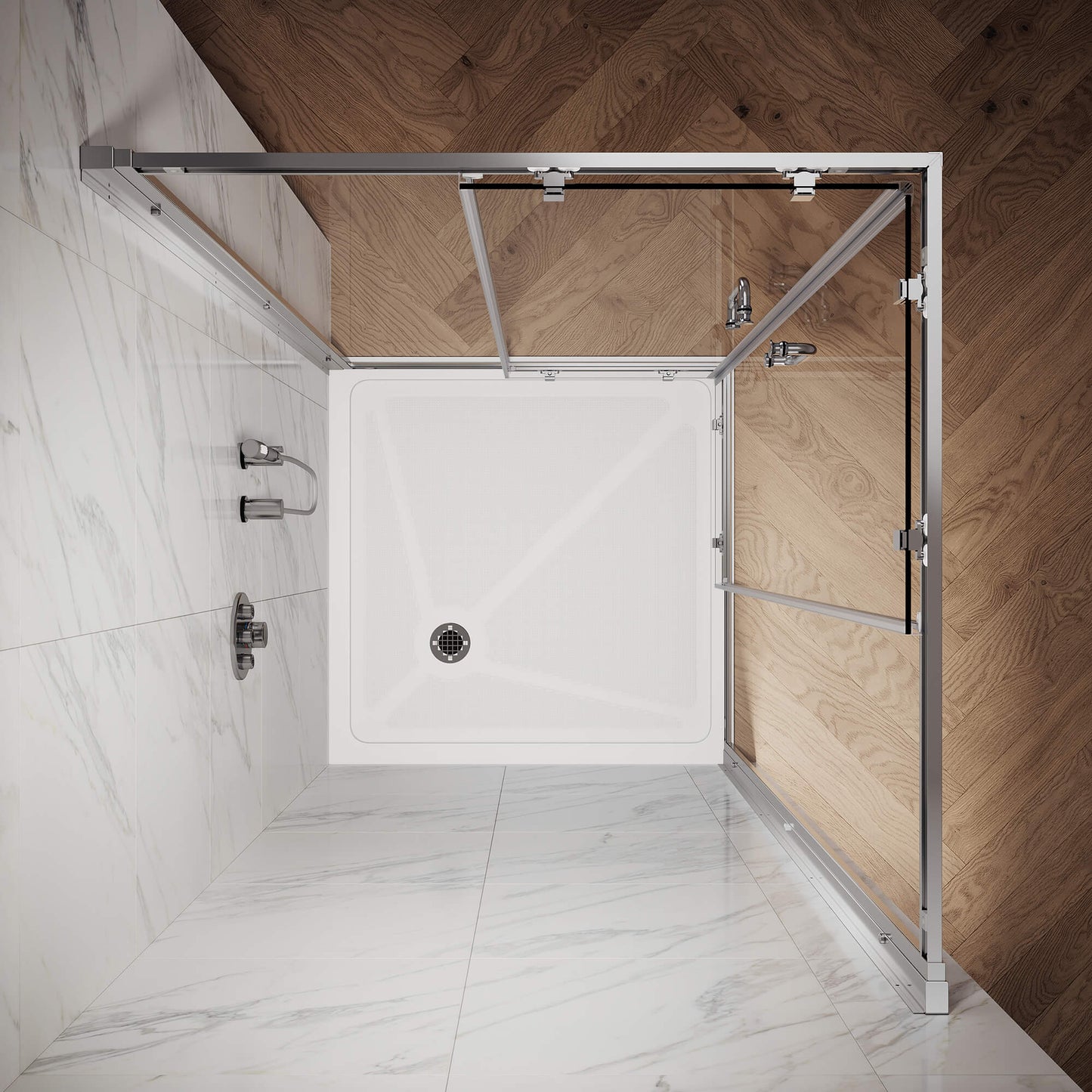 ELEGANT Chrome Finish Corner Square Shower Enclosure with 1/4 in. Clear Tempered Glass Double Sliding Shower Doors Overhead View