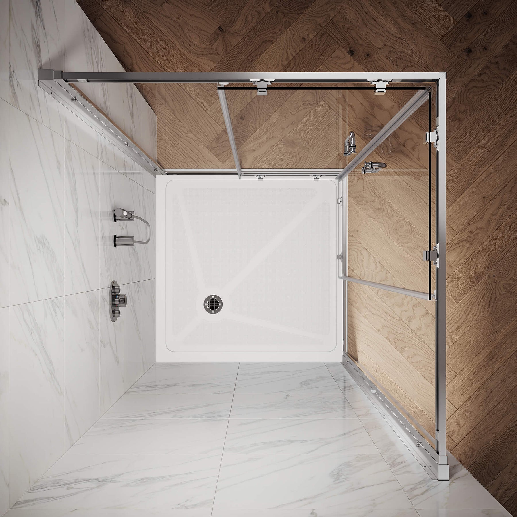 ELEGANT Chrome Finish Corner Square Shower Enclosure with 1/4 in. Clear Tempered Glass Double Sliding Shower Doors Overhead View