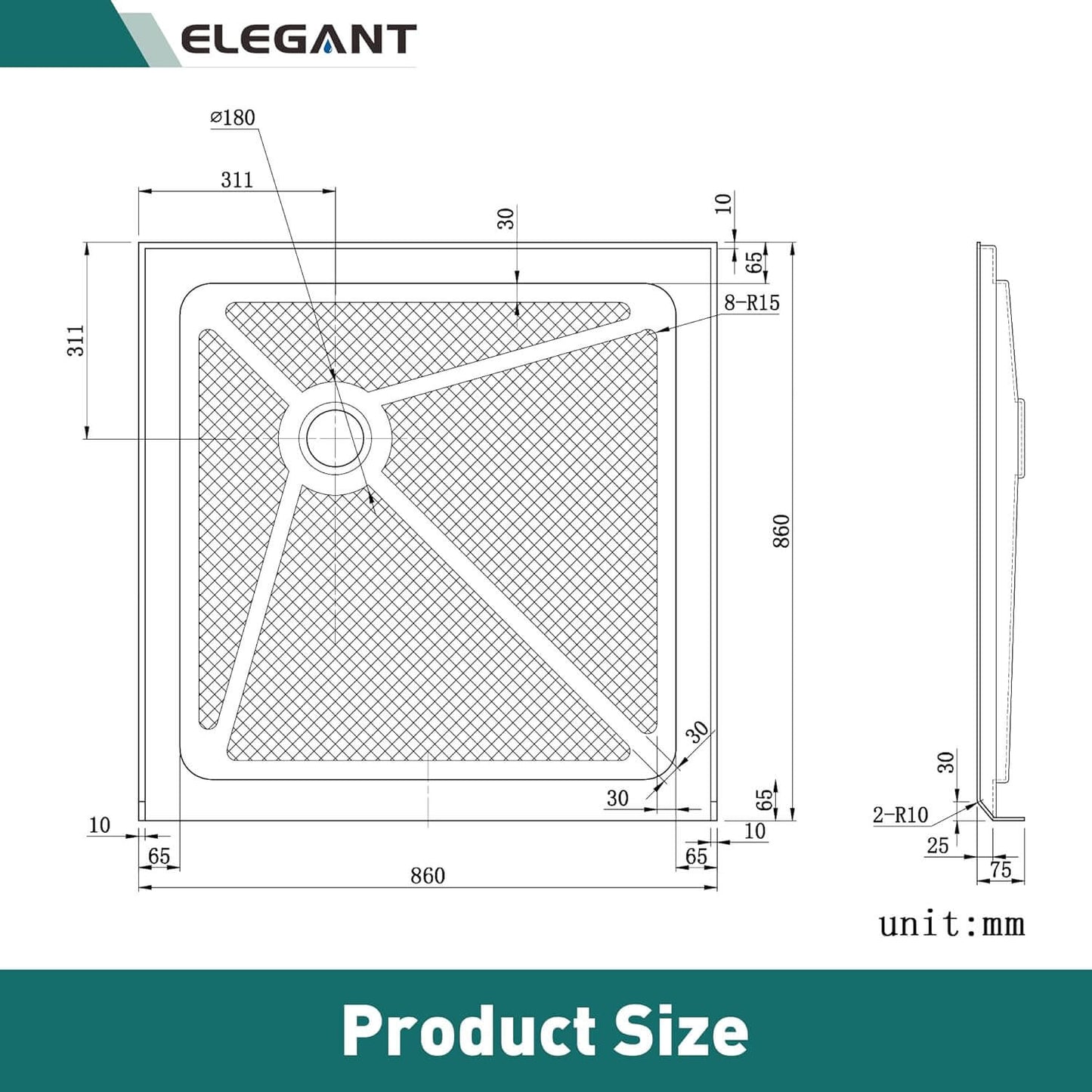 ELEGANT 34 in. W x 34 in. D x 3 in. H Square Shower Bases White Corner Drain Shower Pan Size Chart