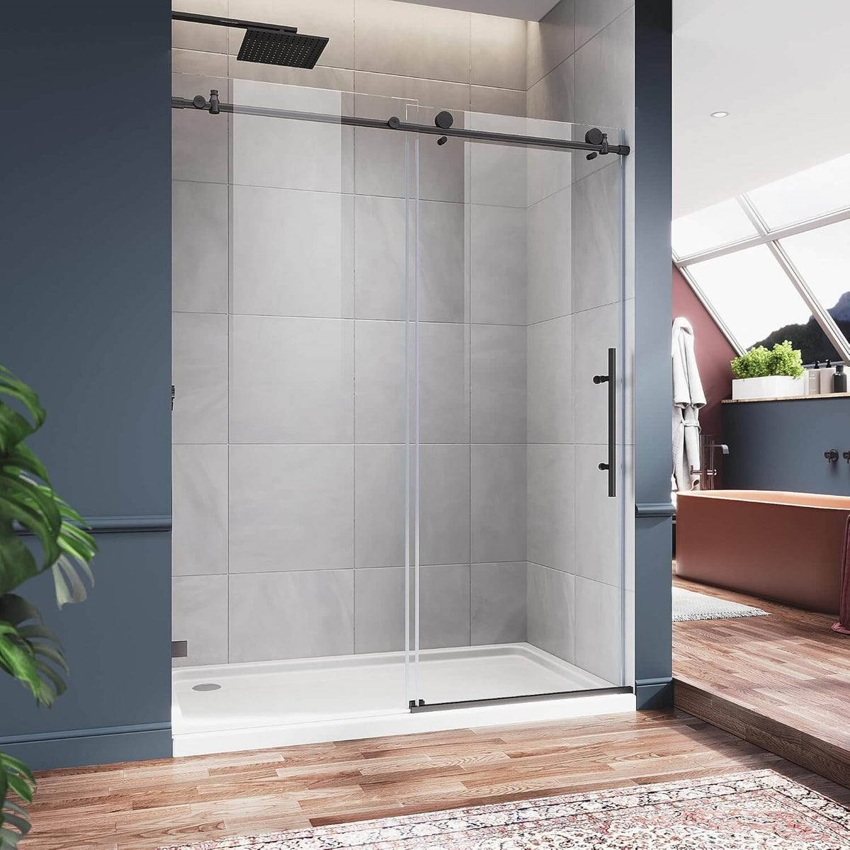 ELEGANT 48" x 76" Black Finish Frameless Sliding Shower Doors