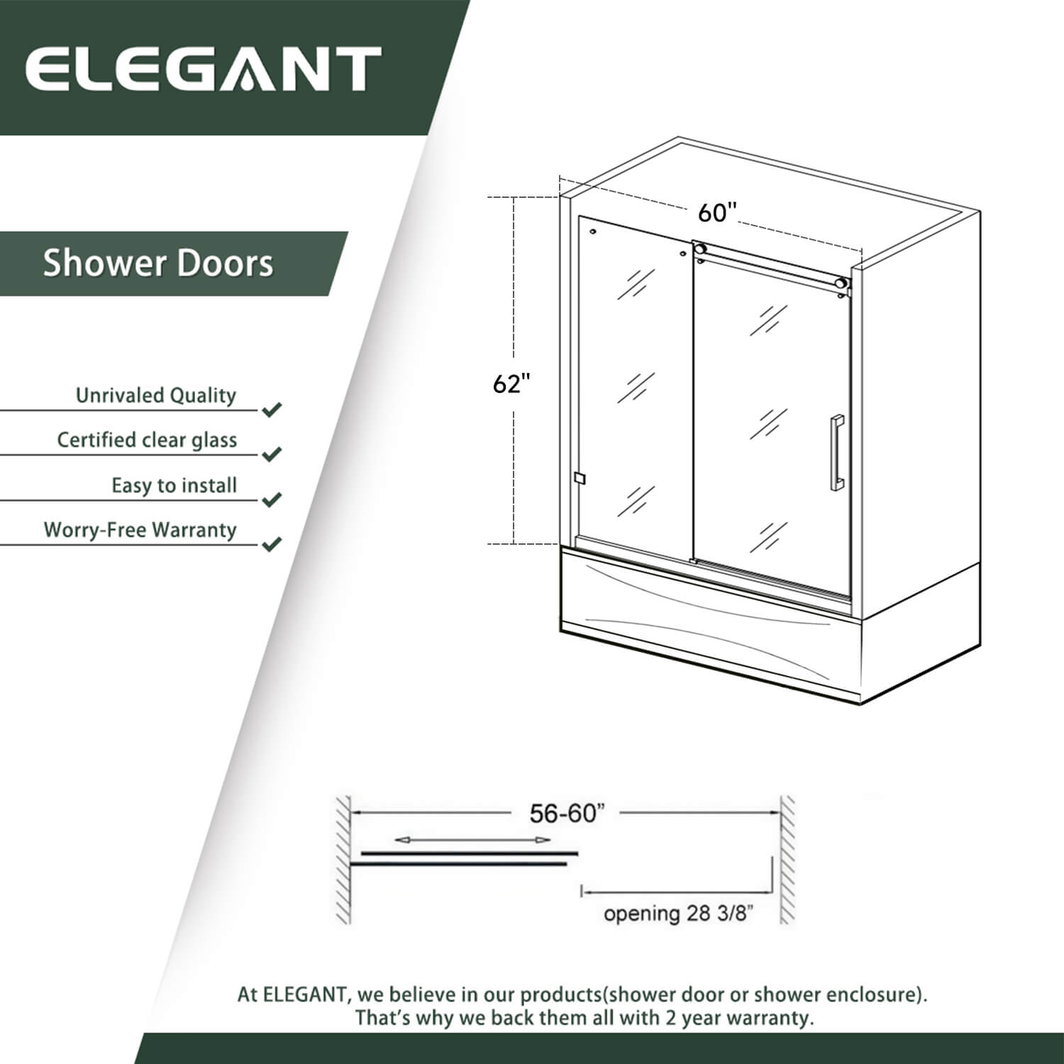 ELEGANT 60" x 62" Bathtub Shower Door, Bathtub Frameless Sliding Doors for tub, Black Finish / Brushed Nickel Finish Size Chart