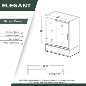 ELEGANT 60" x 62" Bathtub Shower Door, Bathtub Frameless Sliding Doors for tub, Black Finish / Brushed Nickel Finish Size Chart